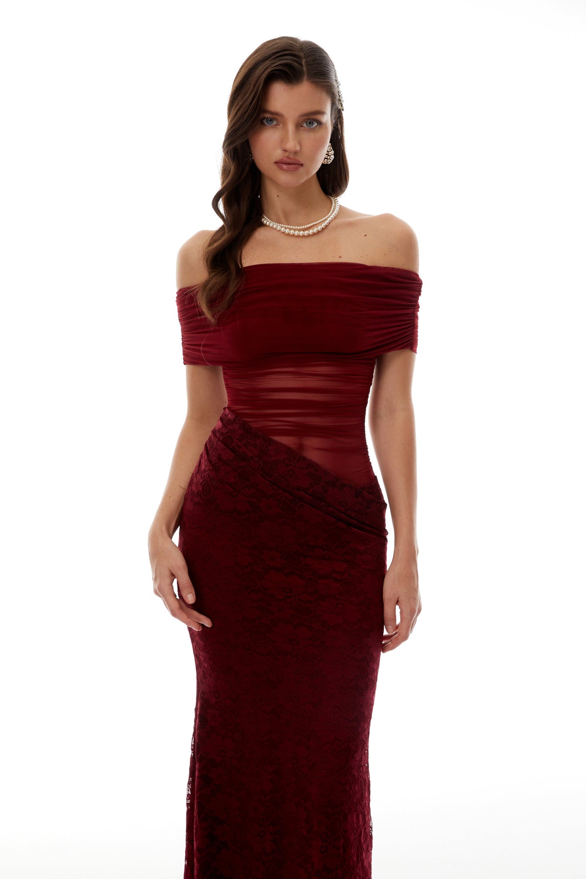 Dianthe Red Lace Panel Mesh Midi Dress (Final Sale-US Only)