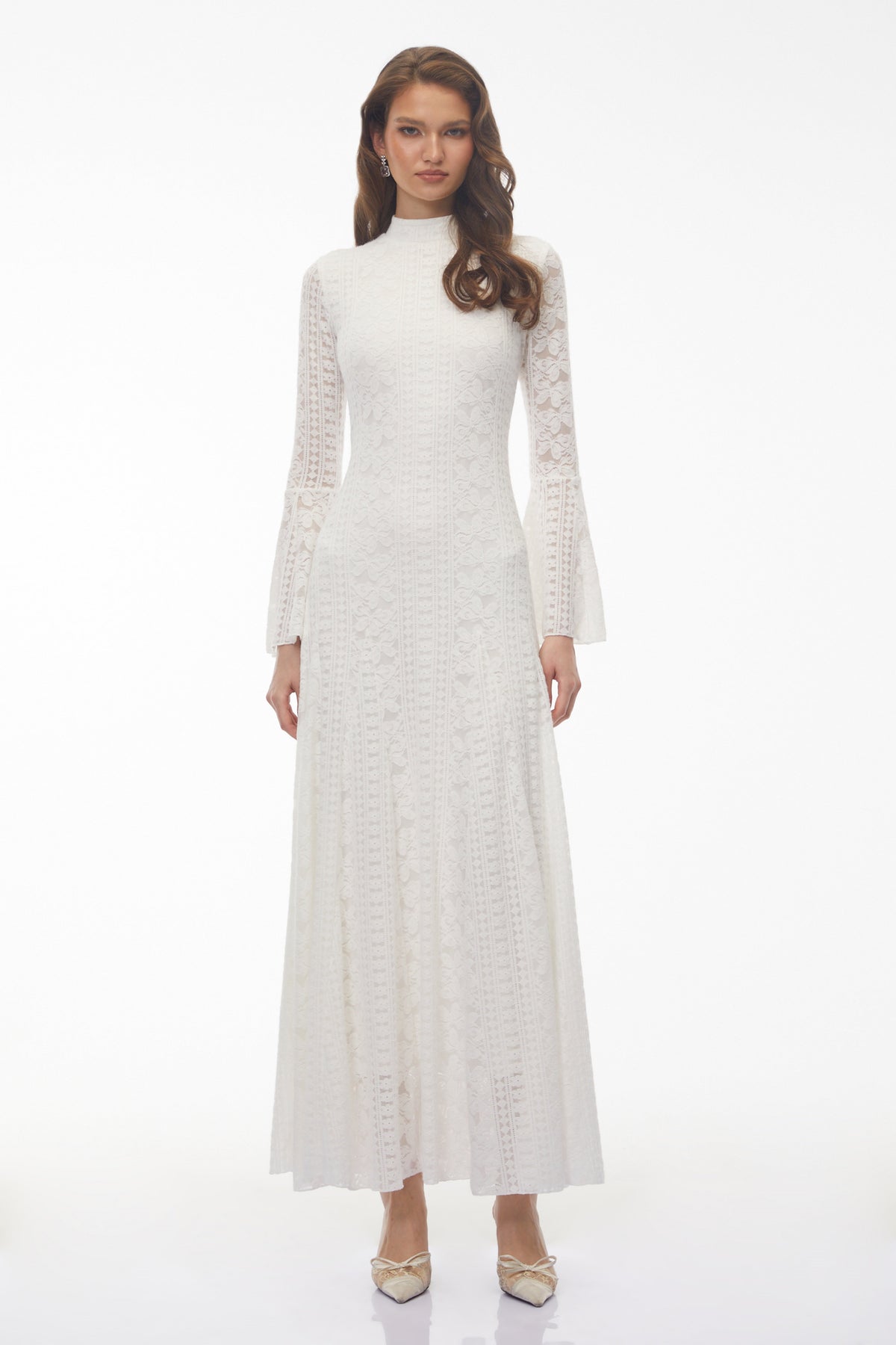 Ditheto White Mock Neck Floral Lace Maxi Dress