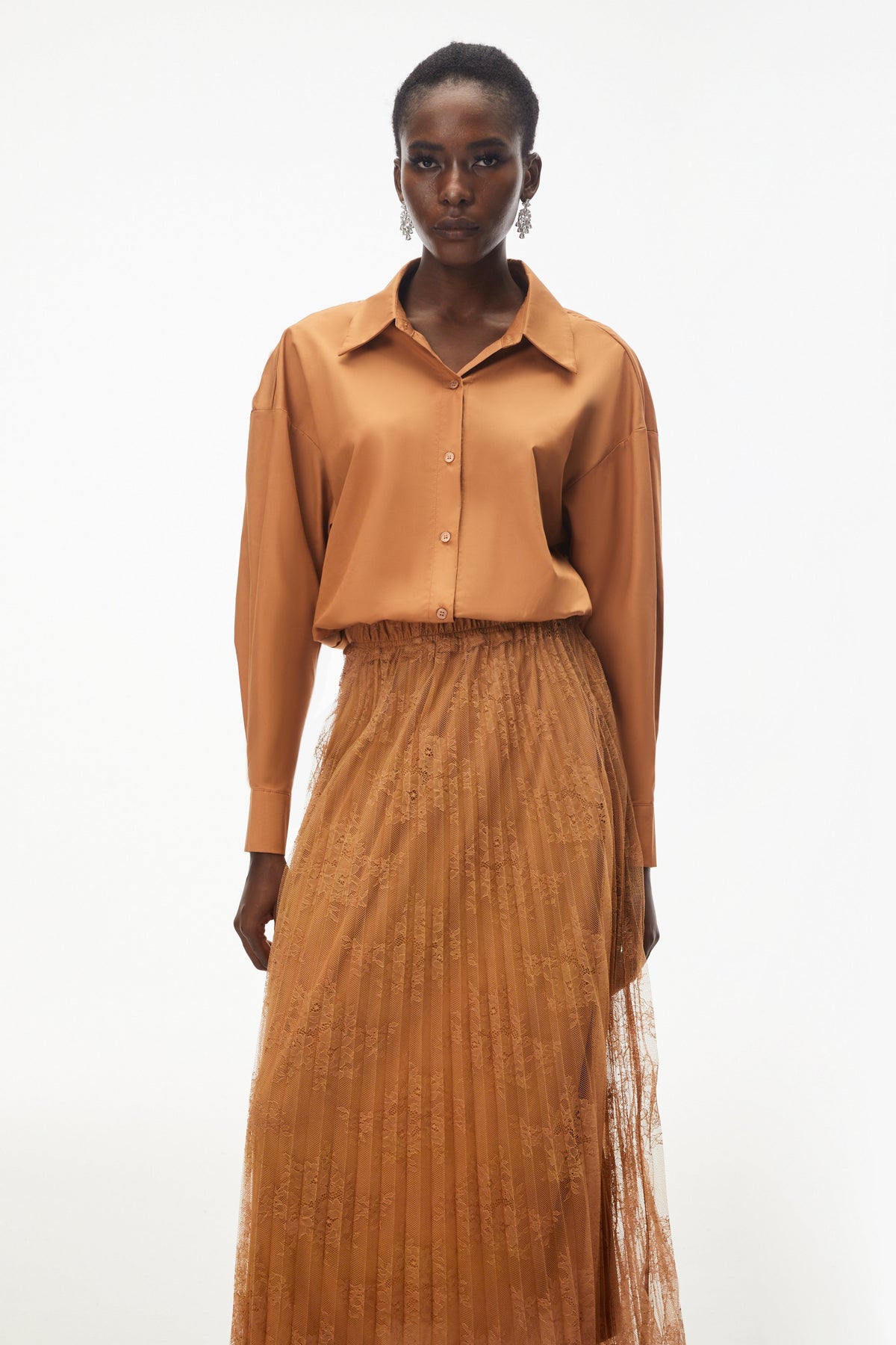 Dryope Brown Button Down Shirt & Skirt Set