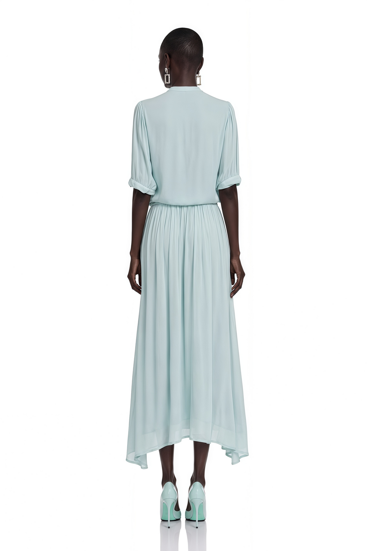 Duygu Light Mint Asymmetrical Pleated Maxi Dress