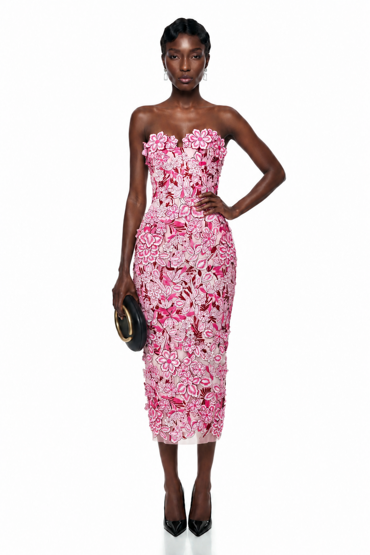 Duygu Pink Off Shoulder Midi Dress with 3D Florals