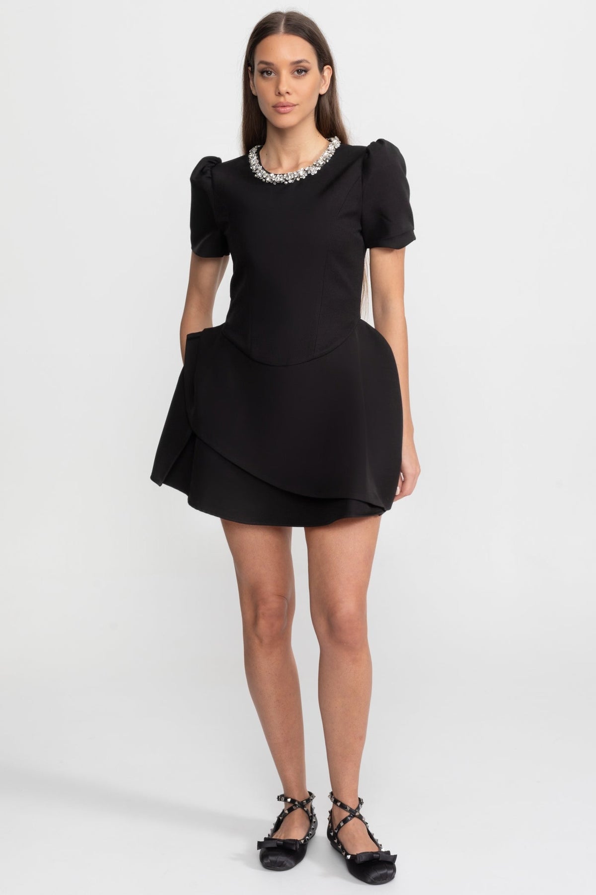Tailored Mini Dress with Crystal Embellished Neckline – Black