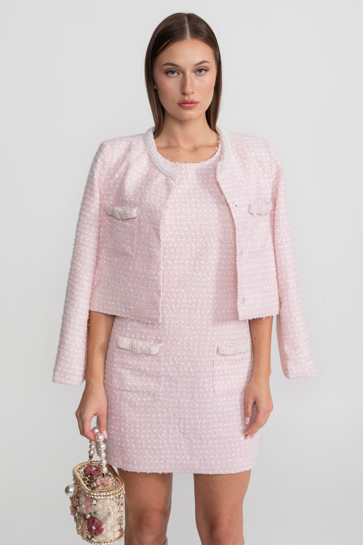 Embellished Tweed Jacket With Delicate Pearl Trim - Light Pink