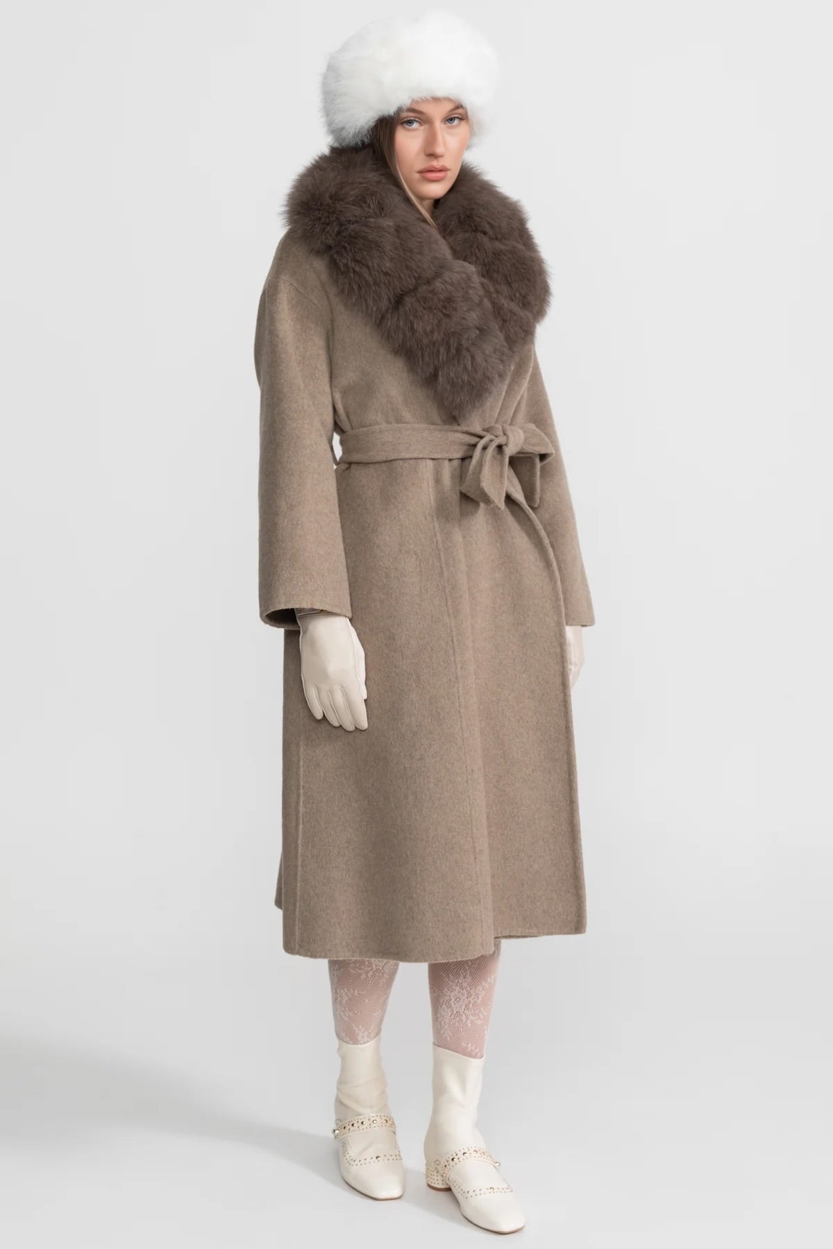 Wool Wrap Coat with Fox Fur Collar And Tie Belt – Khaki