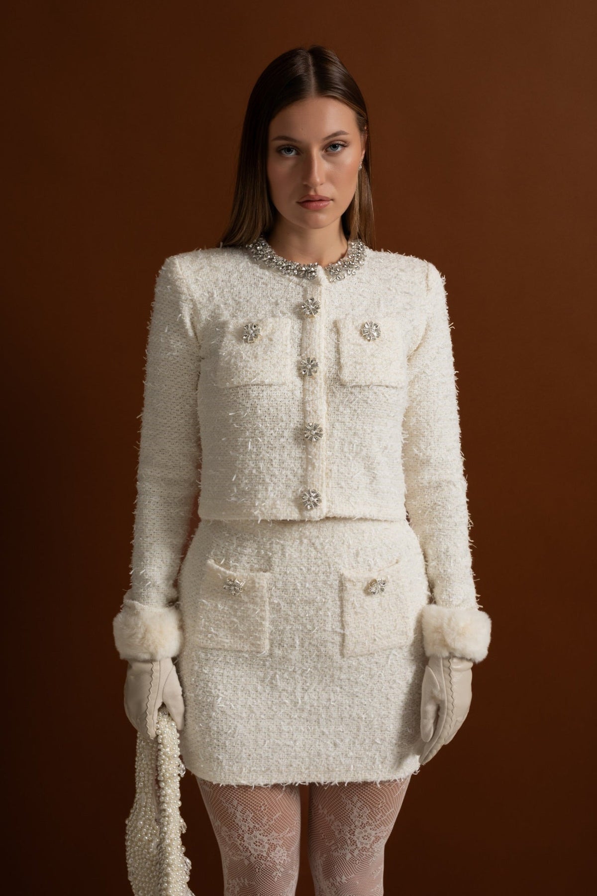 Tweed Blazer With Crystal Embellishments And Buttons - Ivoire