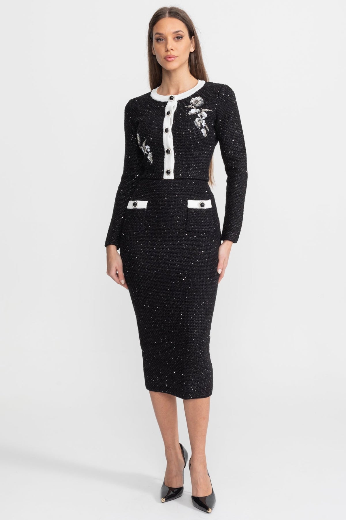 Embroidered Tweed Knit Co-Ord Set with Contrast Trim – Black