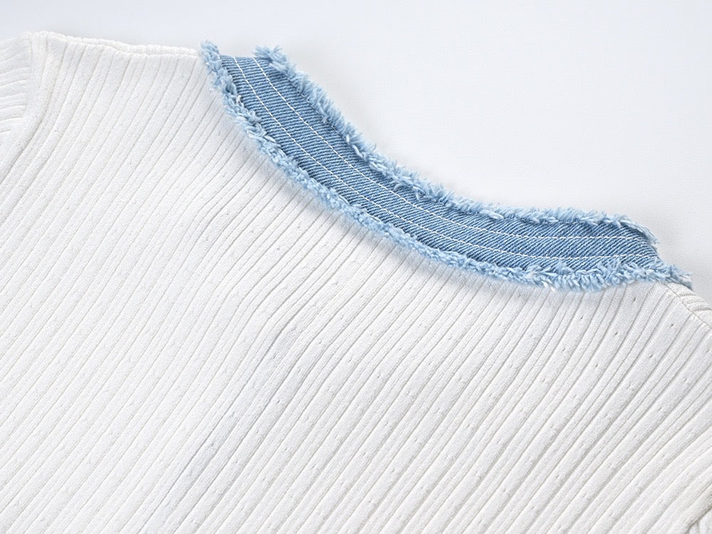 SANDRO DENIM-TRIM KNITTED MAXI DRESS - WHITE