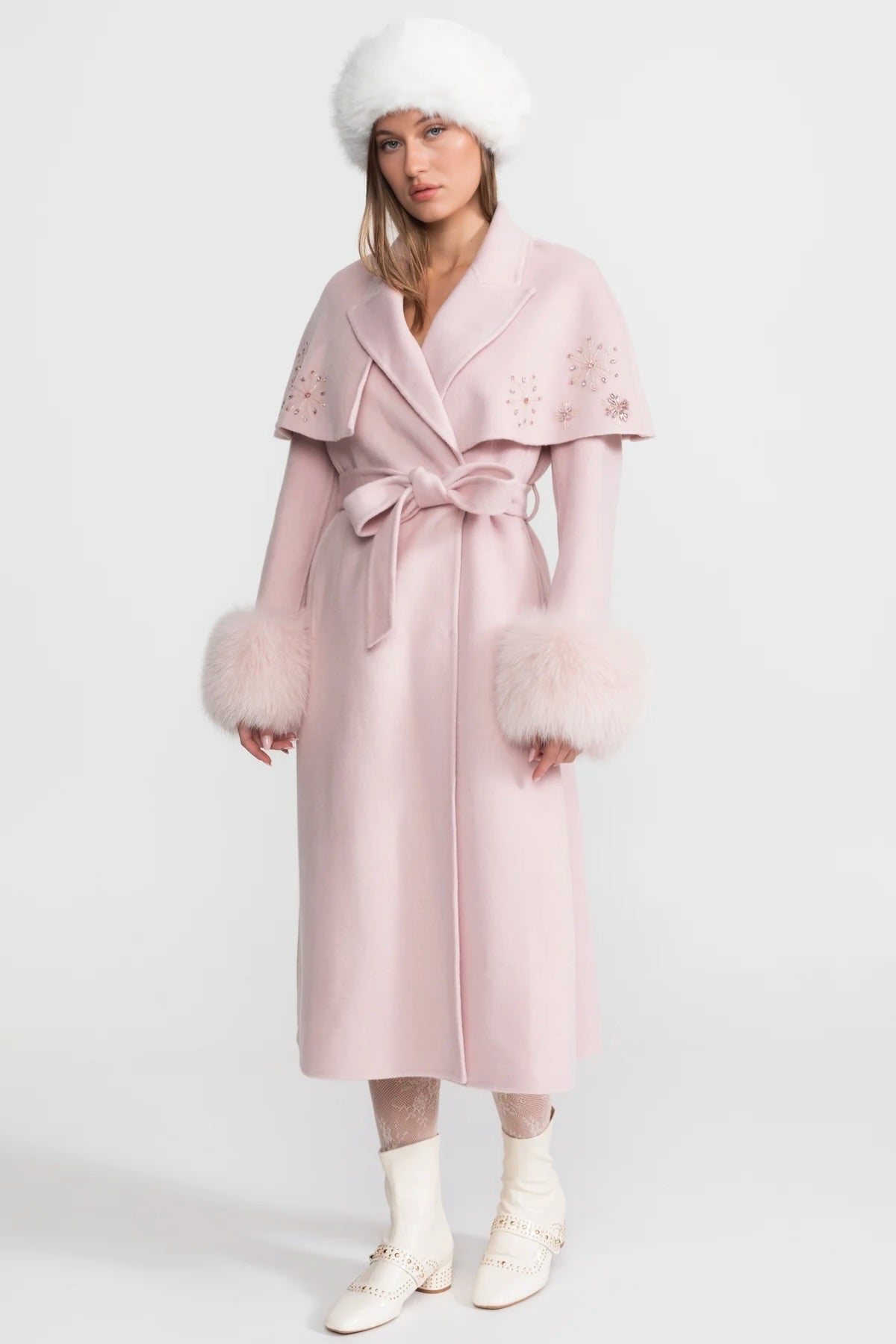 Embellished Wool Coat with Fox Fur Cuffs And Cape Overlay - Pink