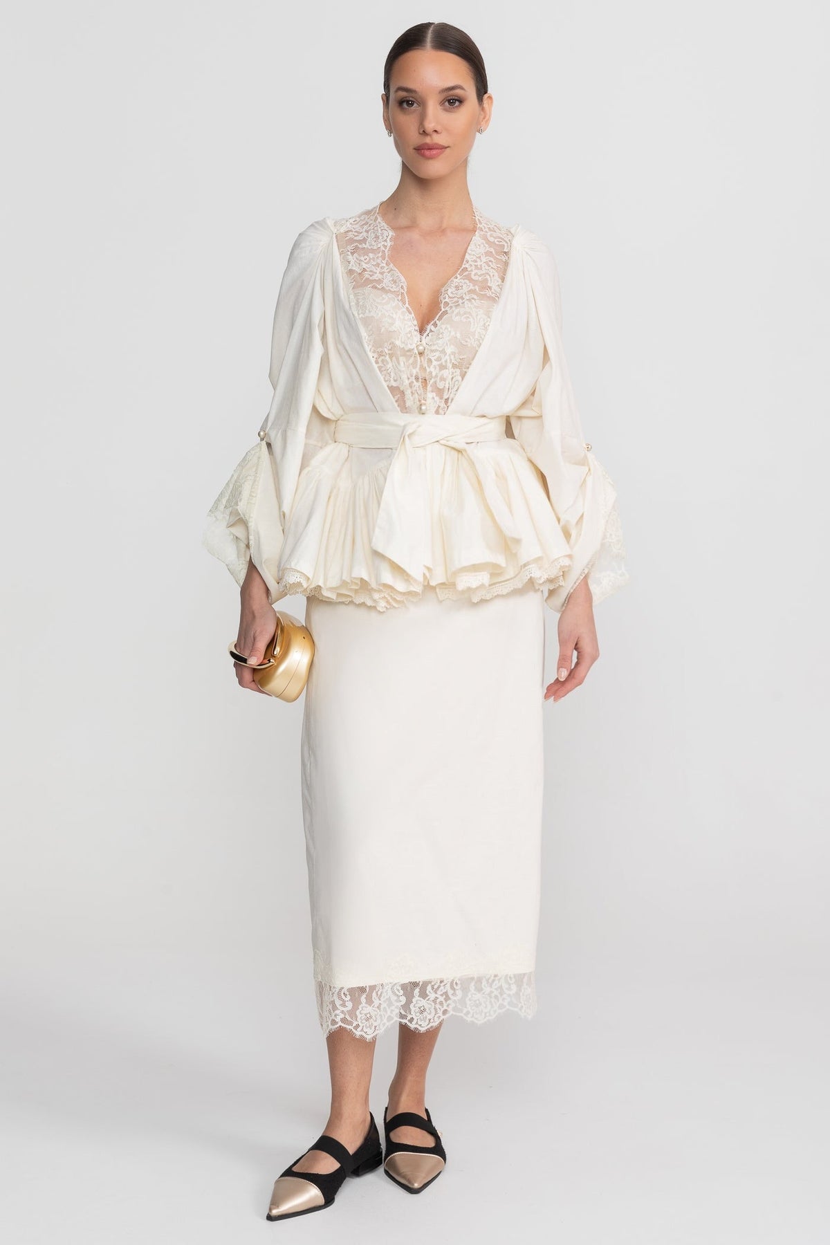Belted Peplum Co-Ord Set With Lace Insert Detailing - Ivoire