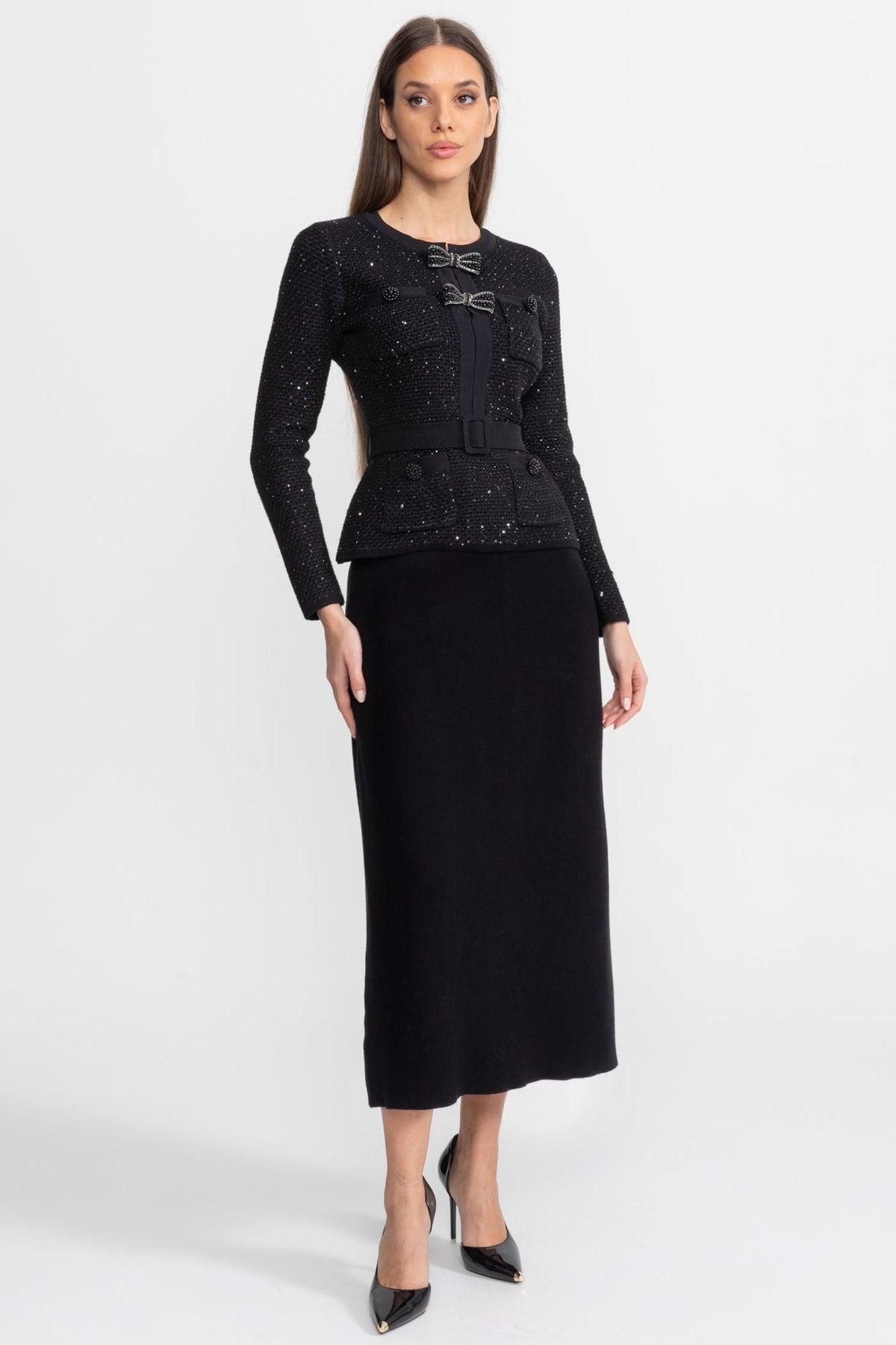 Embellished Tweed Co-Ord Set with Bow Closures And Midi Skirt – Black