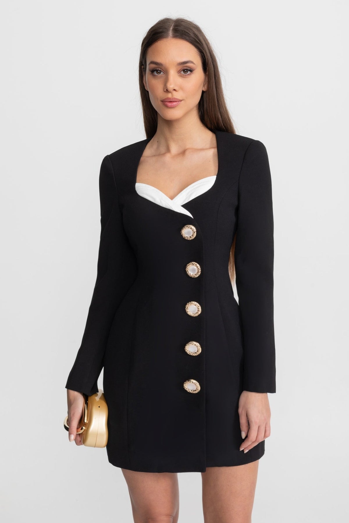 Tailored Mini Dress with Contrast Bust Detail and Gold Buttons – Black