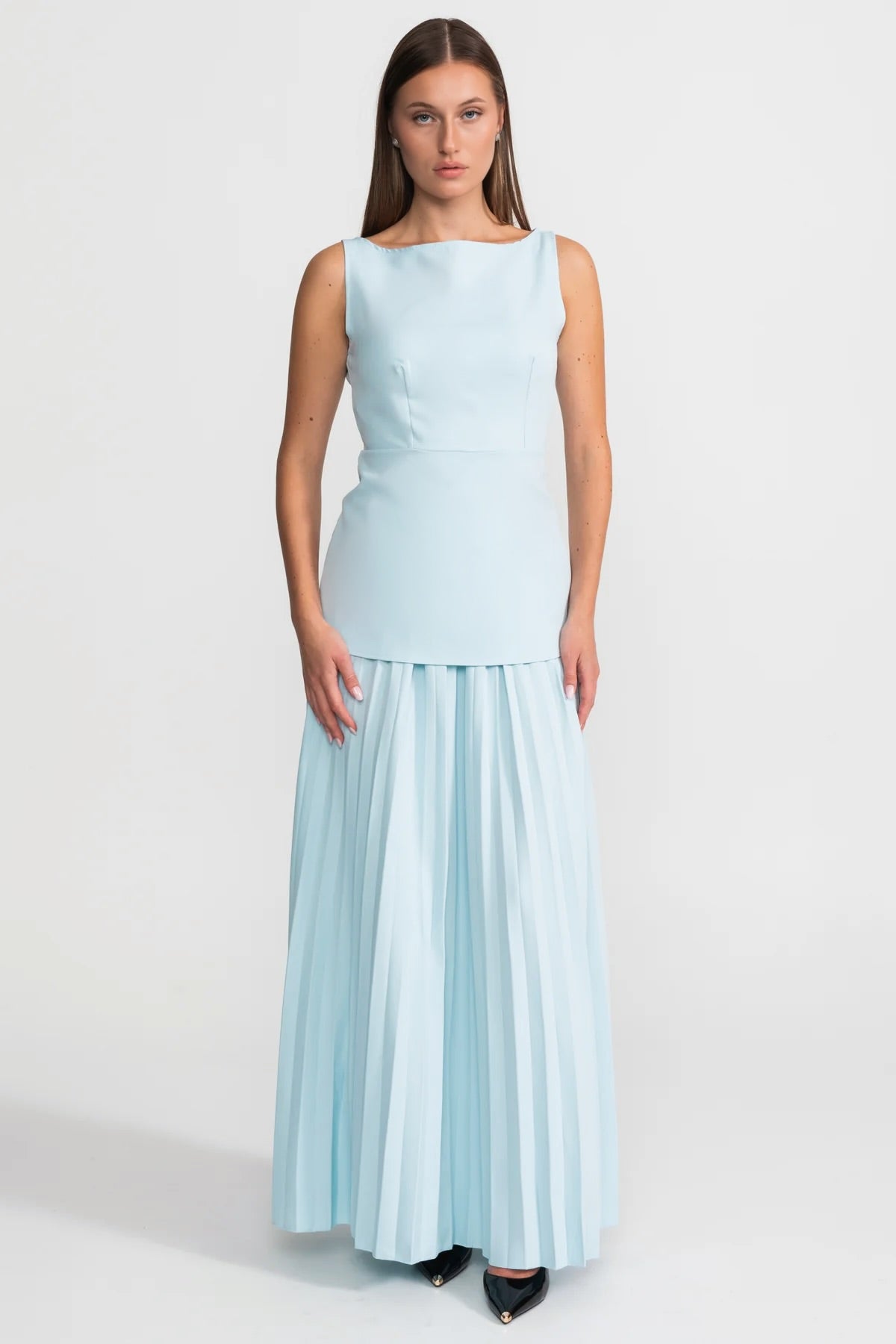 Sleeveless Maxi Co-Ord With Tailored Bodice And Pleated Skirt - Blue