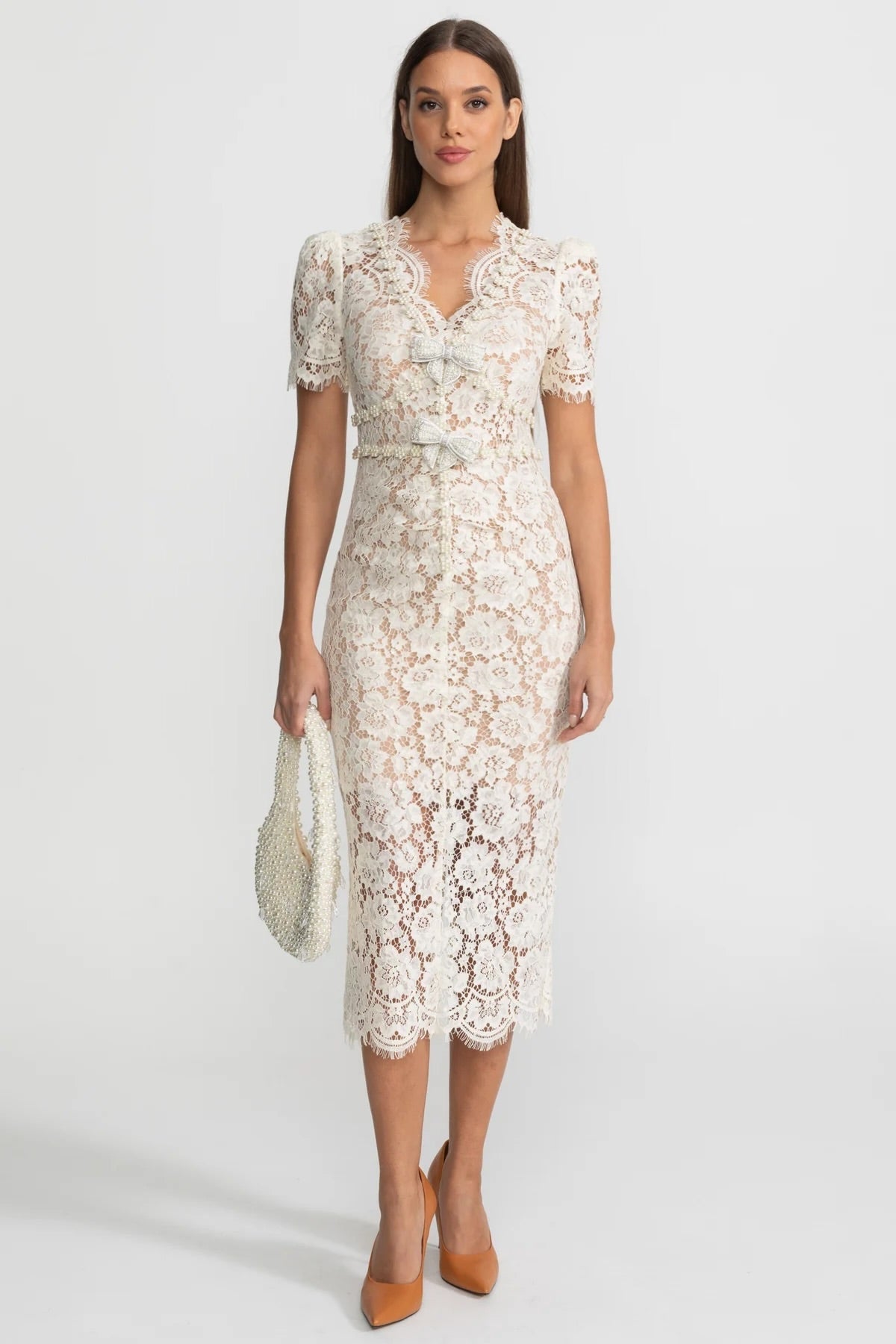 Embellished Lace Midi Dress With Bow Detailing – Ivoire