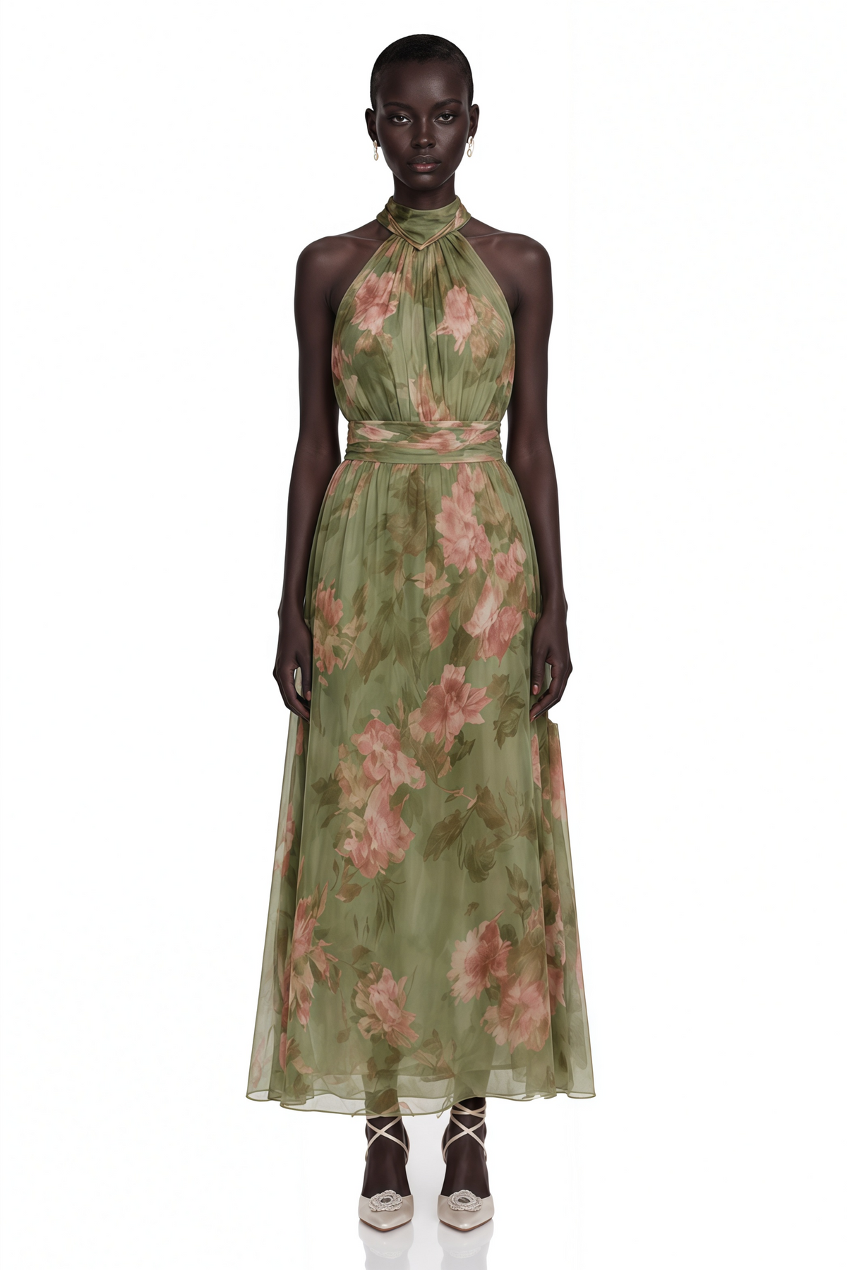 Ecem Green Mock Neck Ruched Maxi Dress with Floral Print