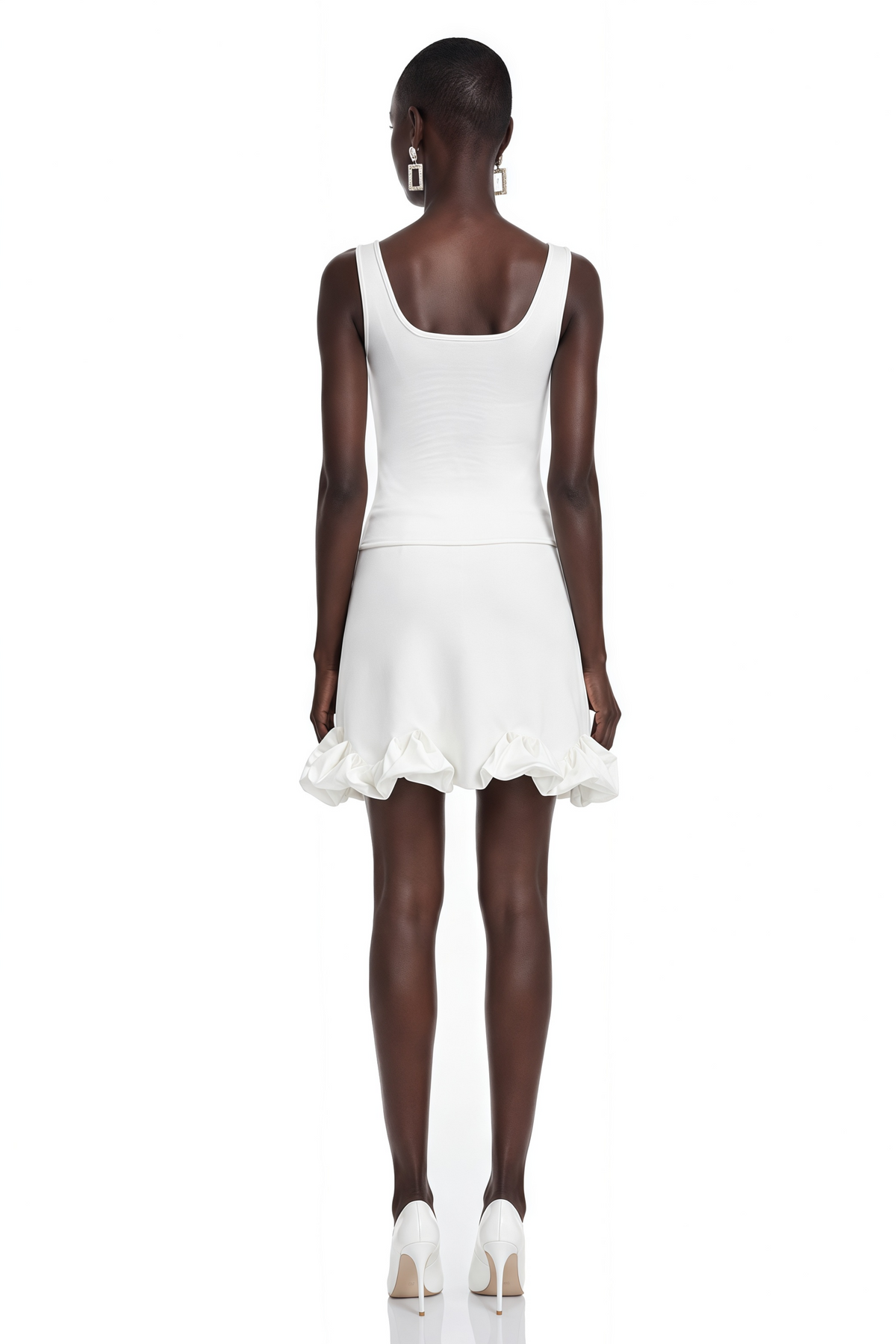 Edith White Round Neck Top & Skirt Set with Ruffled Trim