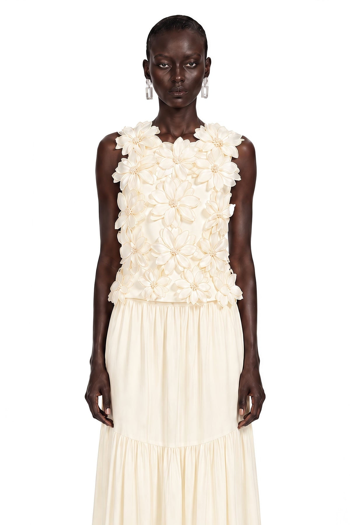 Edna Cream White Sleeveless Top with 3D Florals