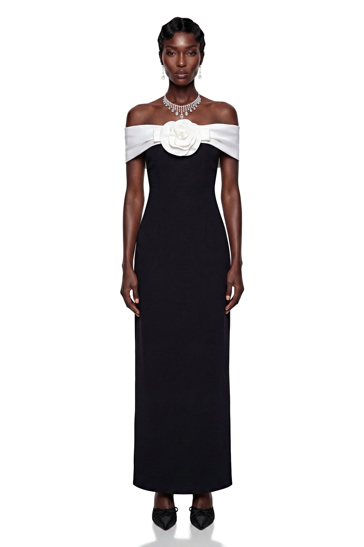 Ehteram Black Color Block Maxi Dress with 3D Petals