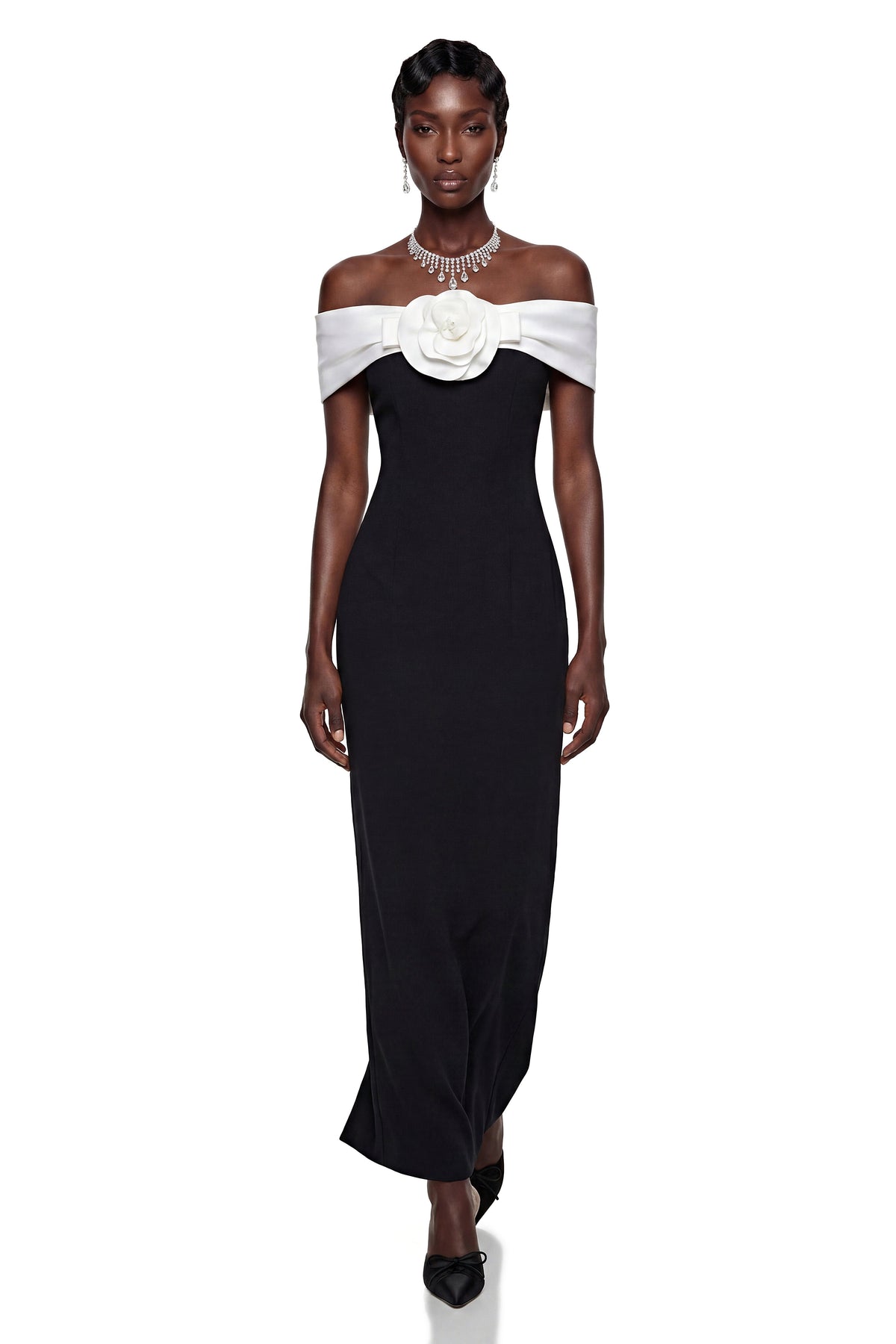Ehteram Black Color Block Maxi Dress with 3D Petals