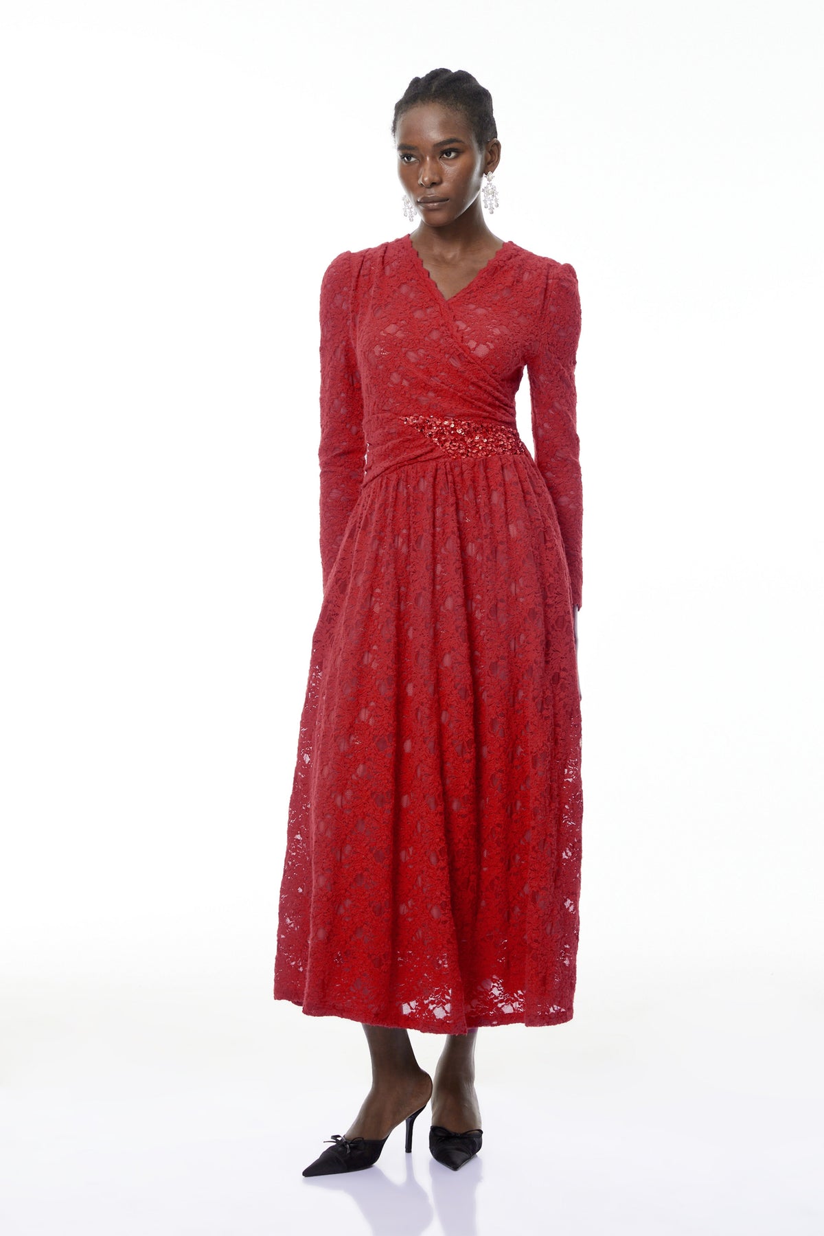 Eirlys Red Floral Lace Midi Dress with Embellishment