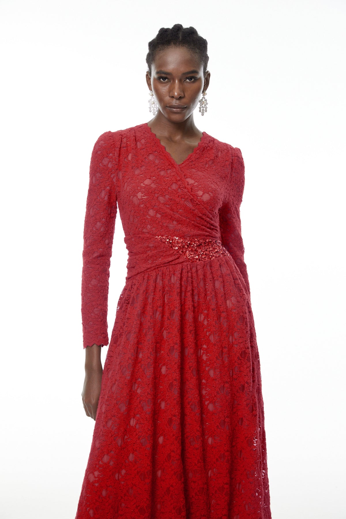 Eirlys Red Floral Lace Midi Dress with Embellishment (Final Sale)