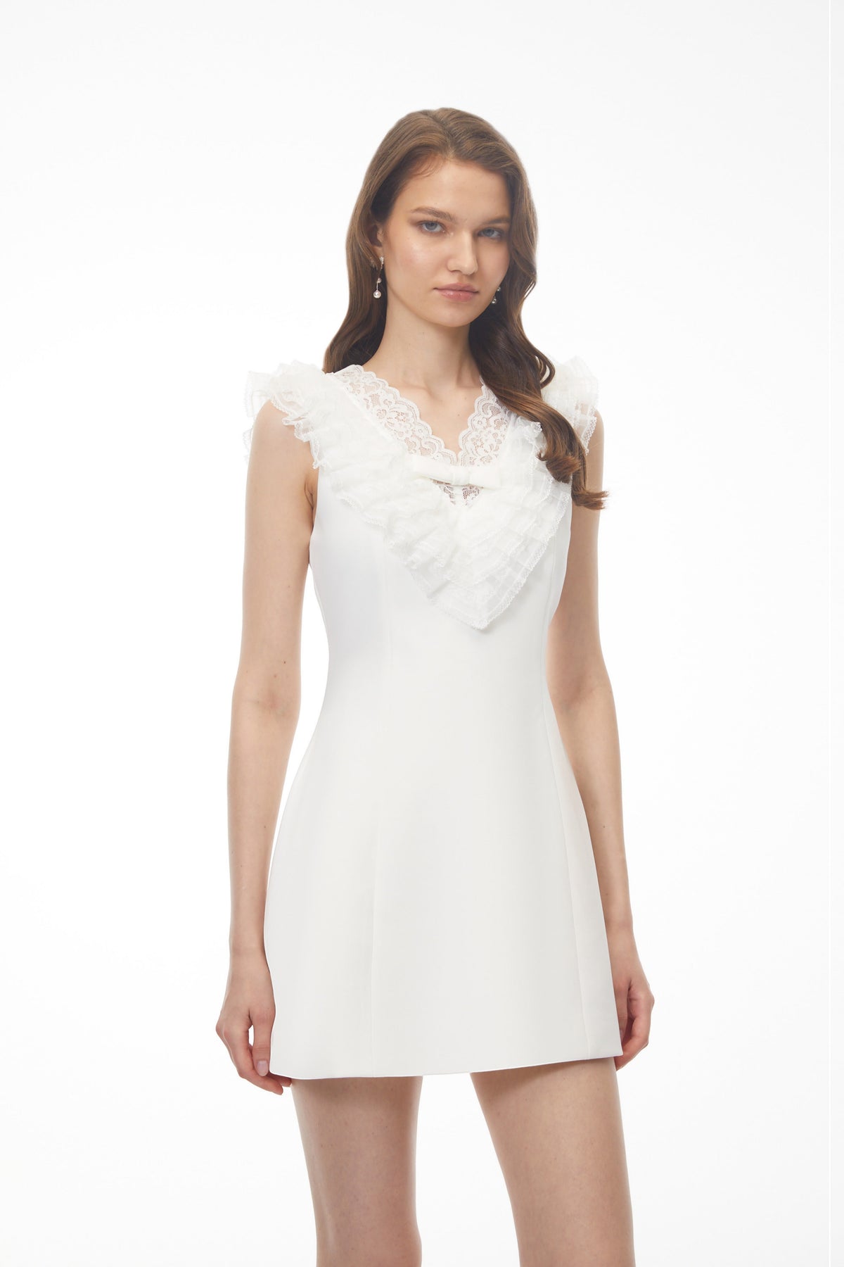 Elisabeth White V-Neck Mini Dress with Lace Panels