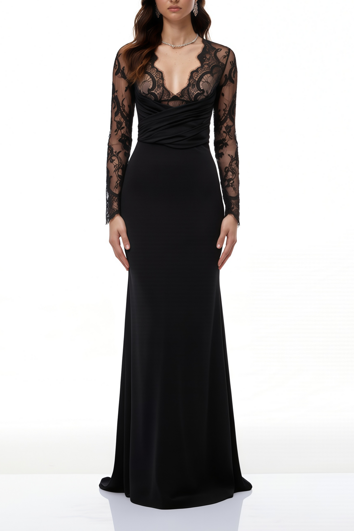 Elisheva Black Plunge Neck Lace Maxi Dress