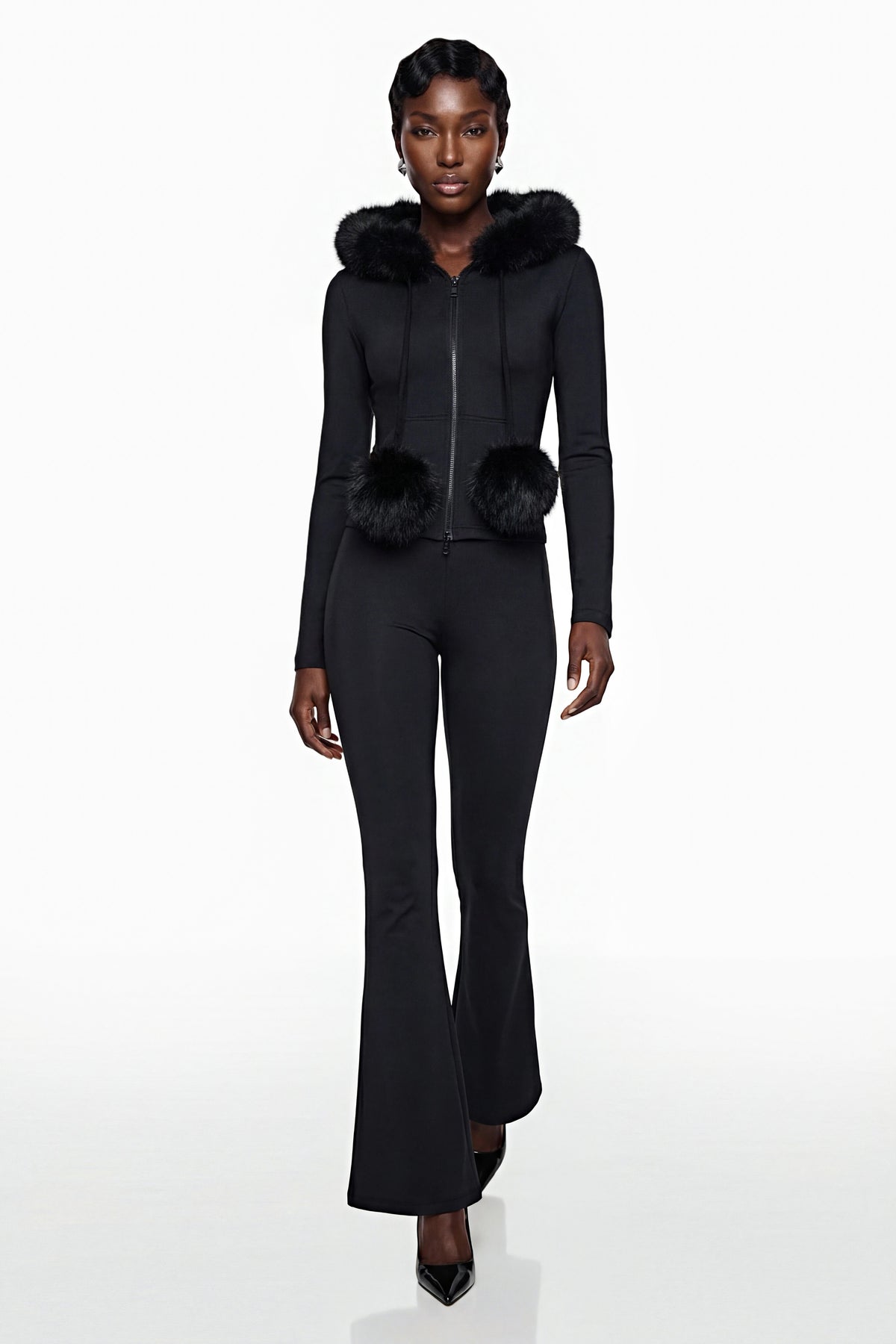 Elize Black Hoodie Jacket & Flared Trouser Set