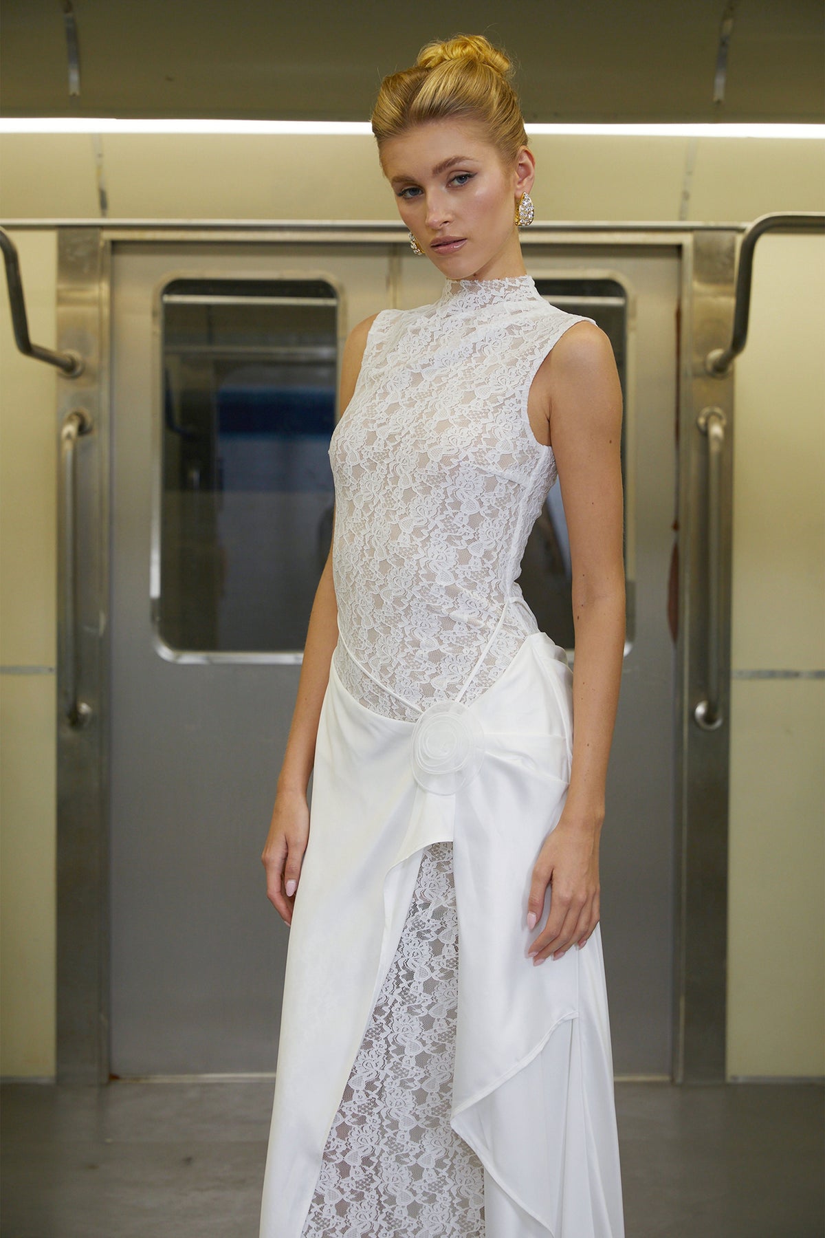Emilia White Asymmetrical Floral Lace Maxi Dress