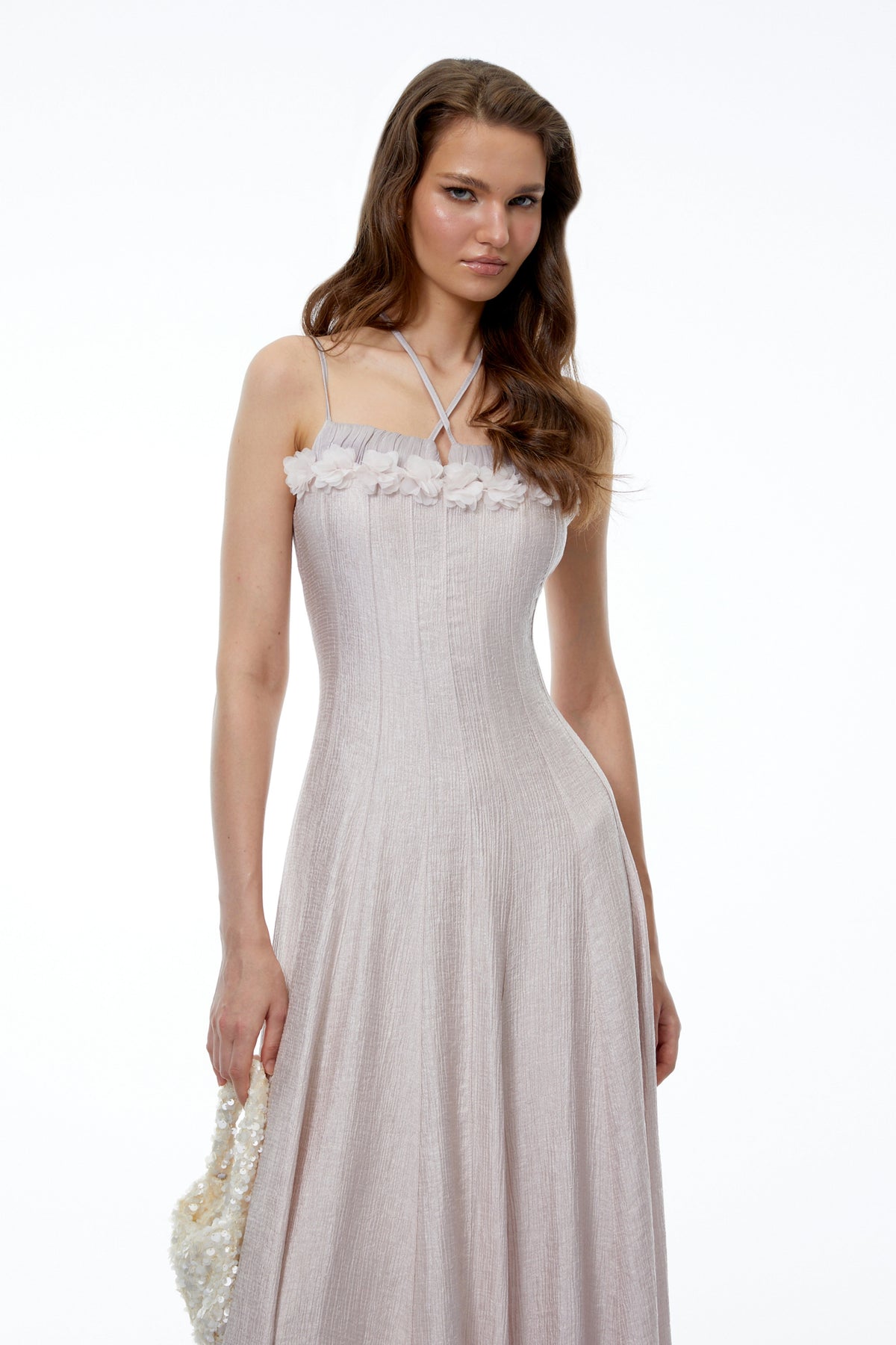 Emma Purple Halterneck 3D Floral Cinched Midi Dress