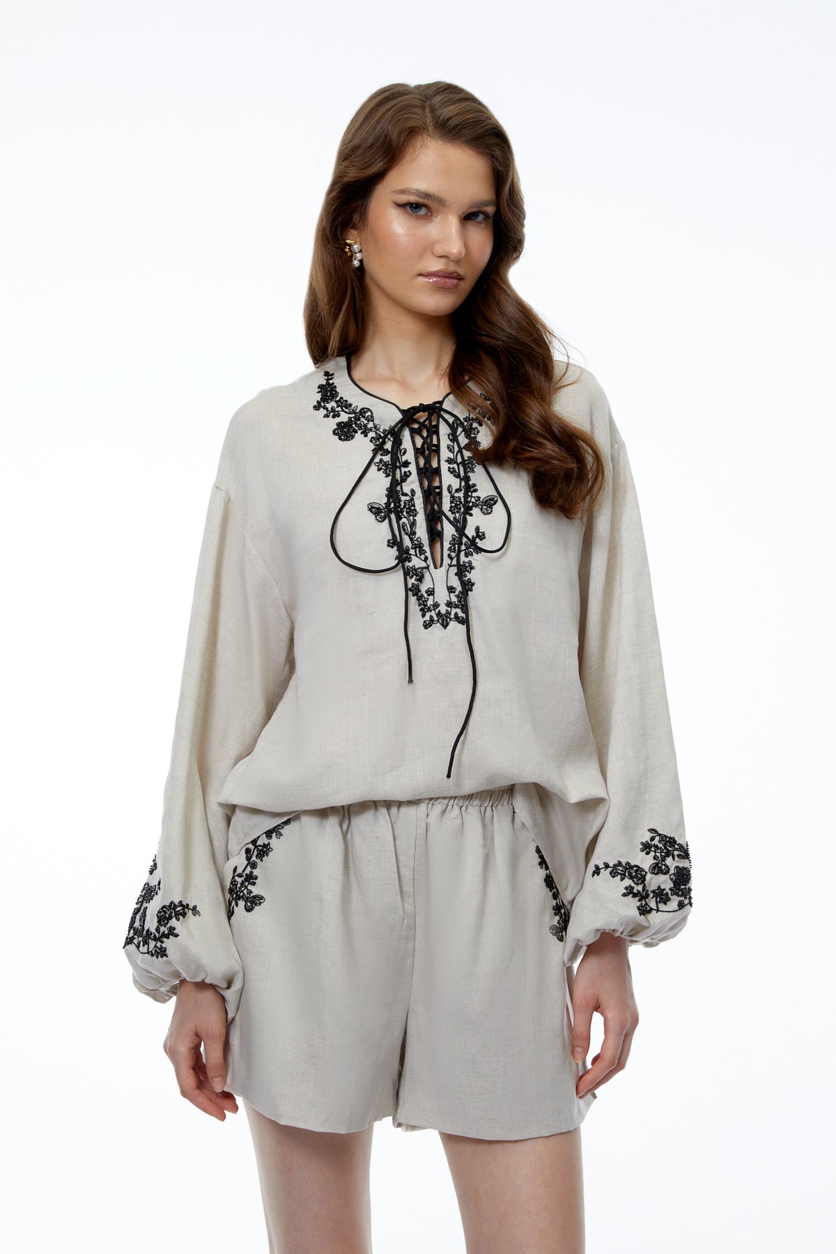 Estelle Grey Linen Floral Applique Top & Shorts Set