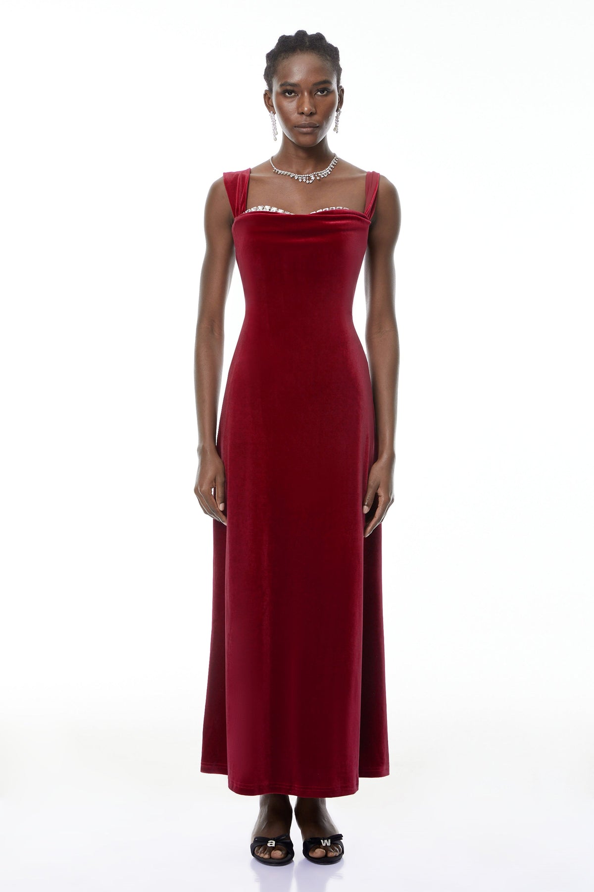Eufrosina Red Velvet Maxi Dress with Crystals
