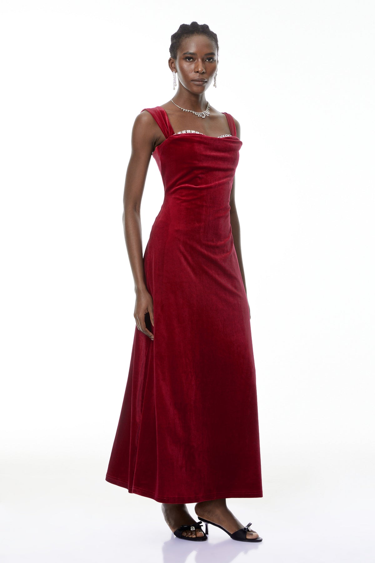 Eufrosina Red Velvet Maxi Dress with Crystals (Final Sale)