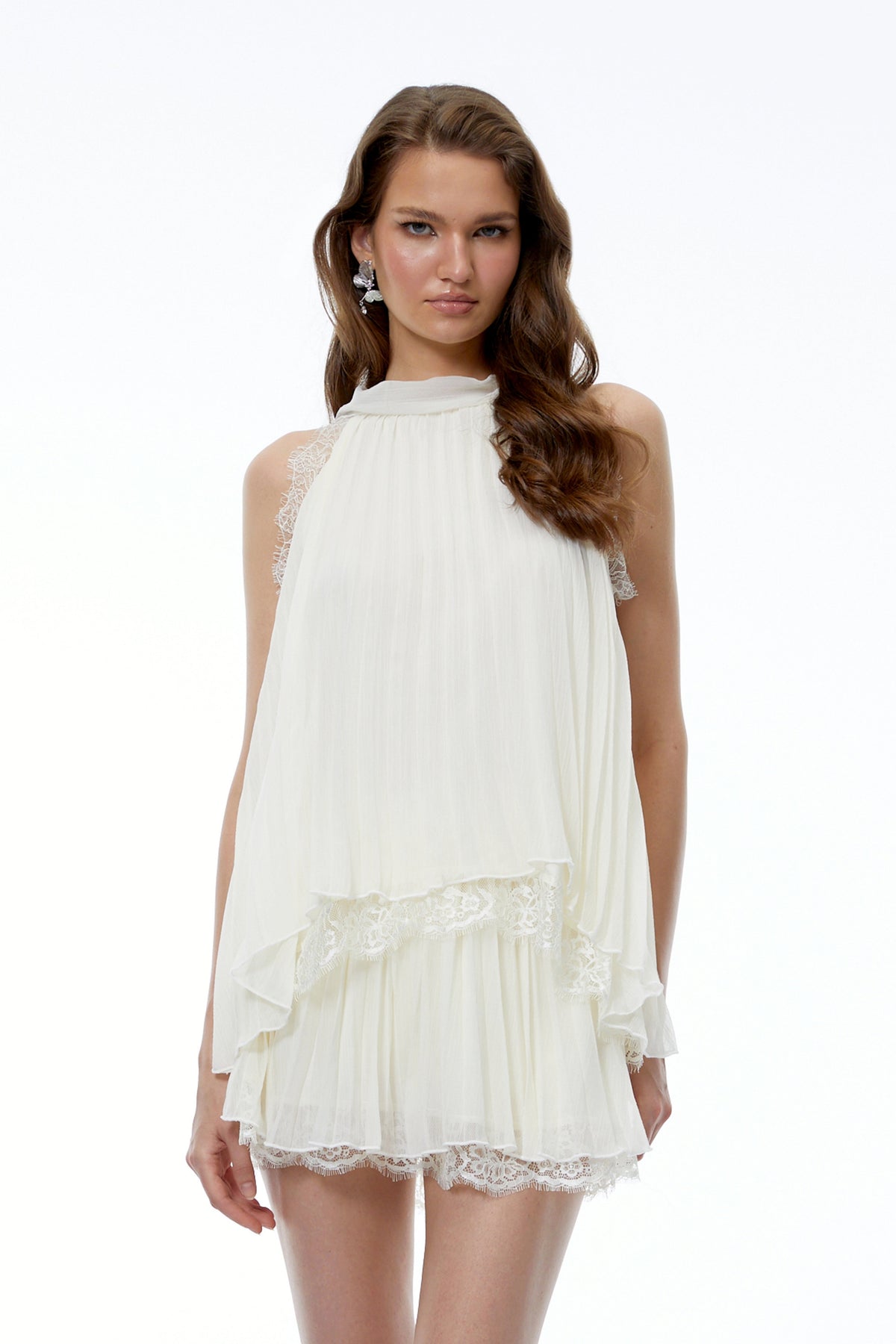 Eva Neutral Pleated Sleeveless Top & Skirt Set With Lace Trim
