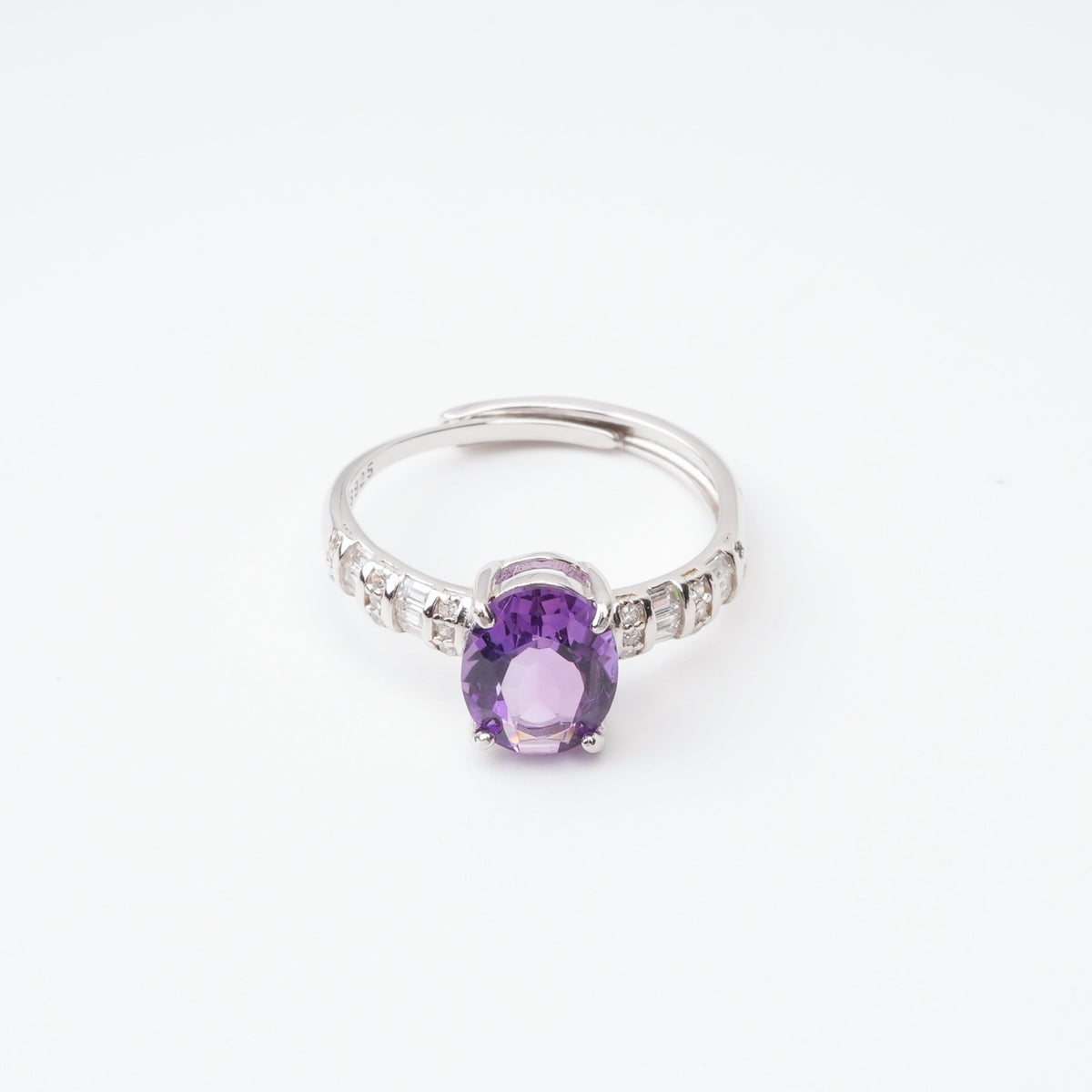 Evelina Purple Amethyst Oval Cut Baguette Crystal Sterling Silver Ring