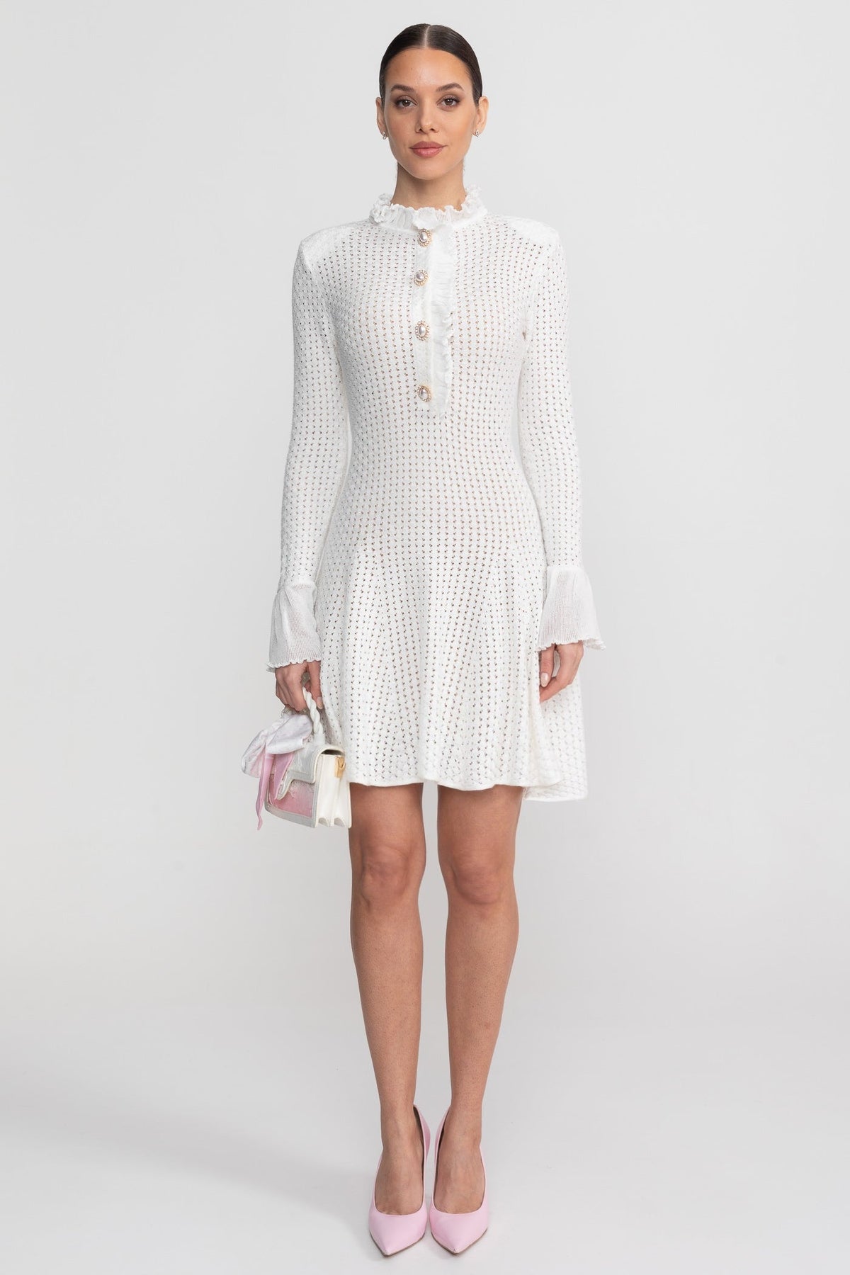 Open-Knit Mini Dress With Ruffle High Neck And Pearl Button Placket - White