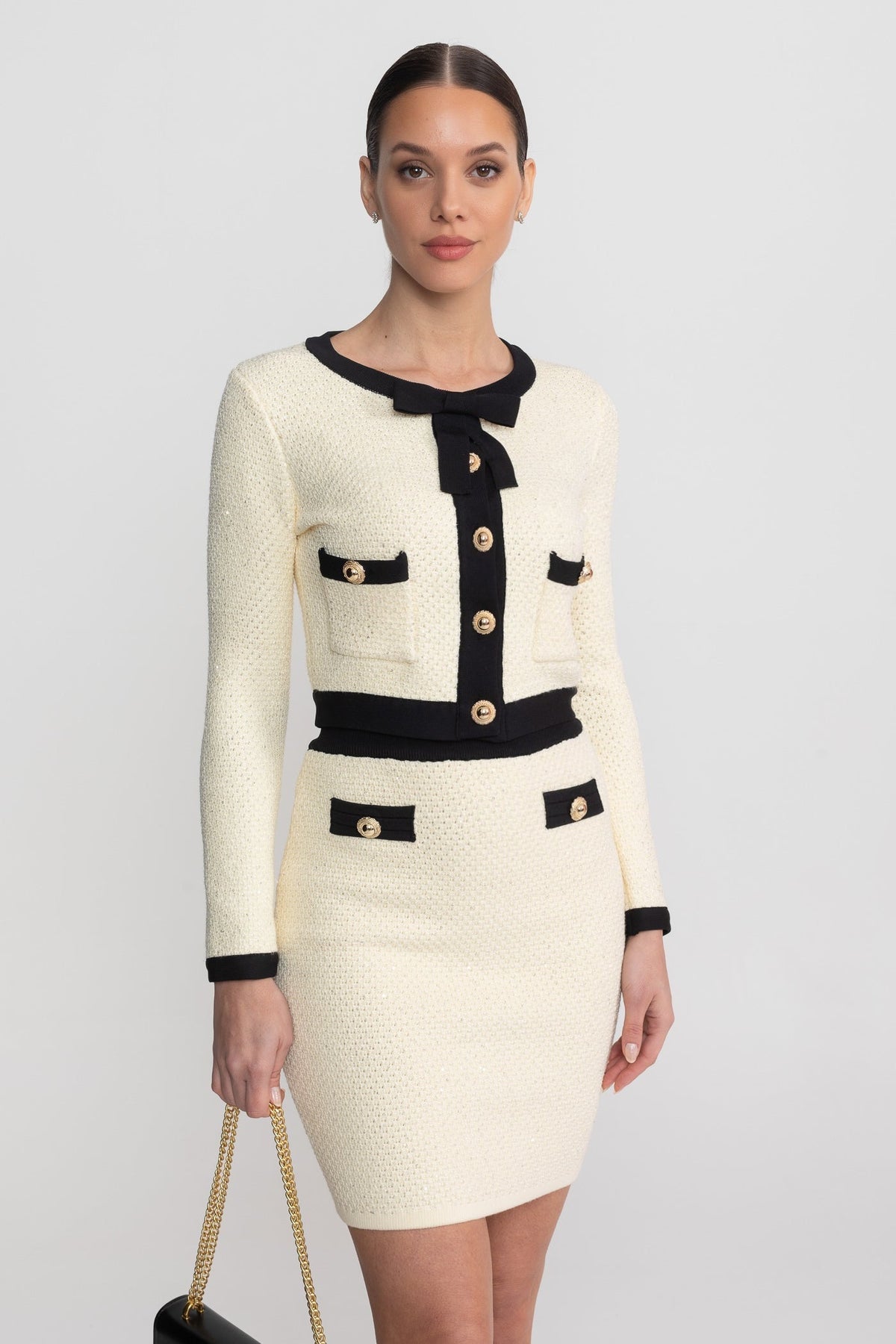 Bouclé Co-Ord Set With Long Sleeve Jacket And Contrast Black Trim - Ivoire