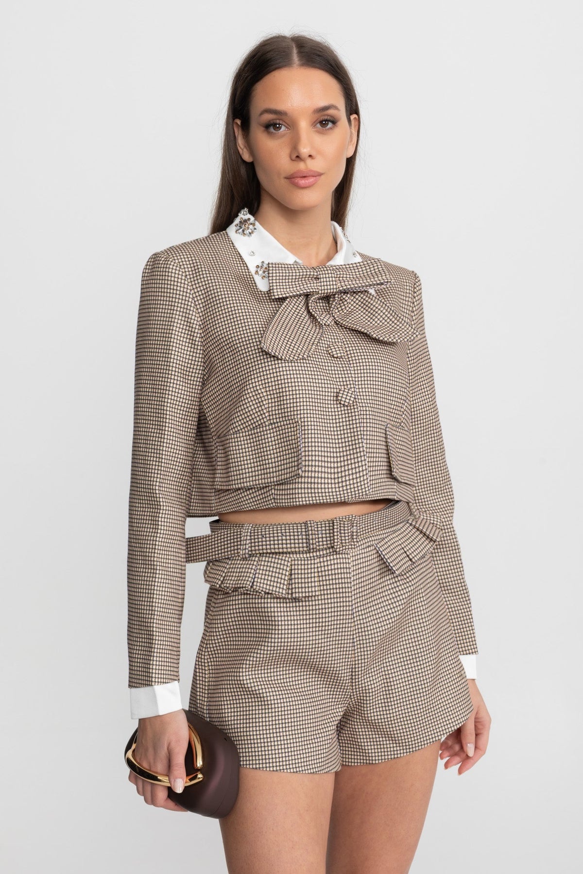Checked Tailored Co-Ord Set with Statement Bow Detail – Beige