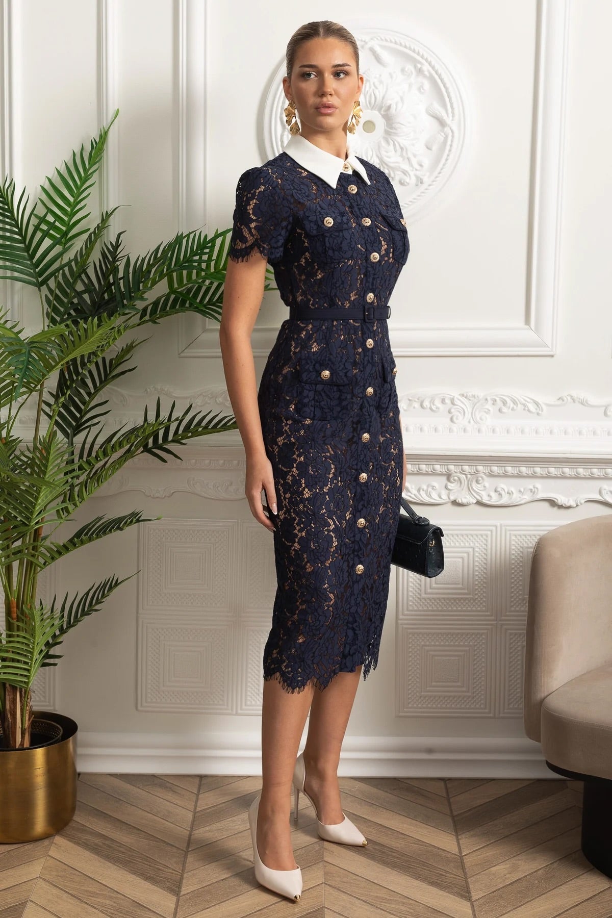 Floral Lace Midi Dress with Tailored Collar and Belted Waist - Navy