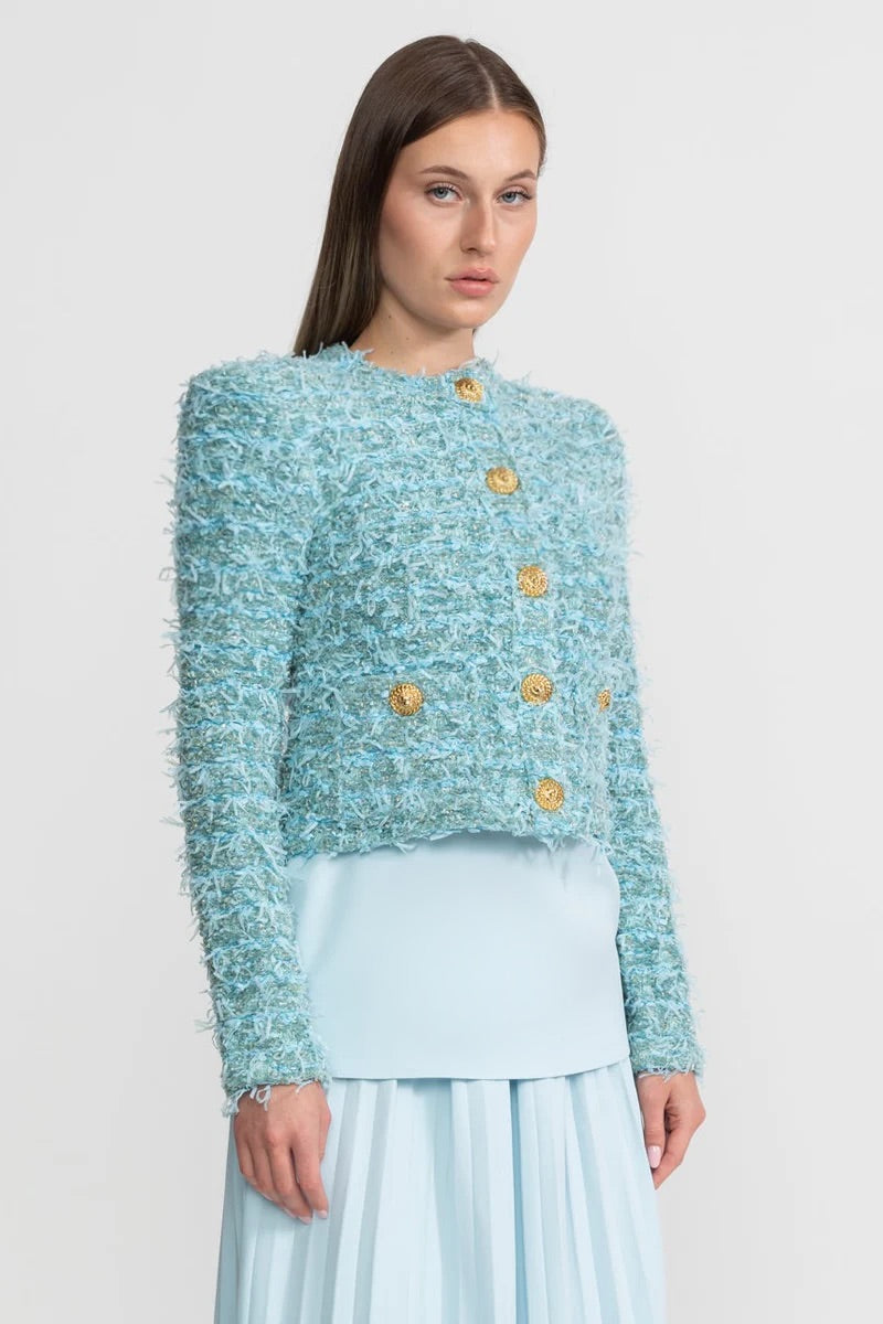 Textured Tweed Jacket With Gold Button Embellishments – Blue