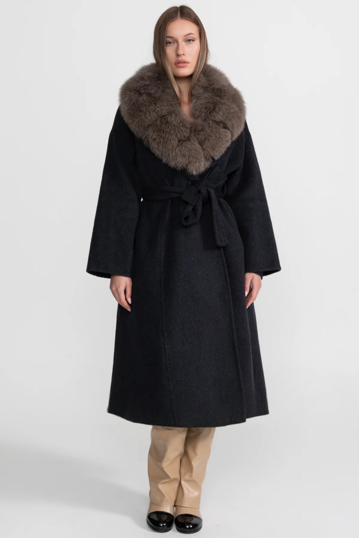 Wool Wrap Coat with Fox Fur Collar And Tie Belt – Black/Brown