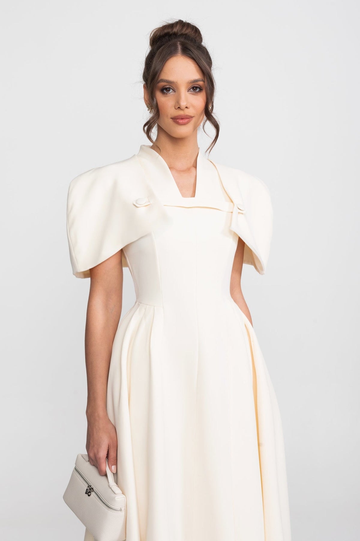 A-Line Midi Dress With Structured Cape Shoulders - Cream