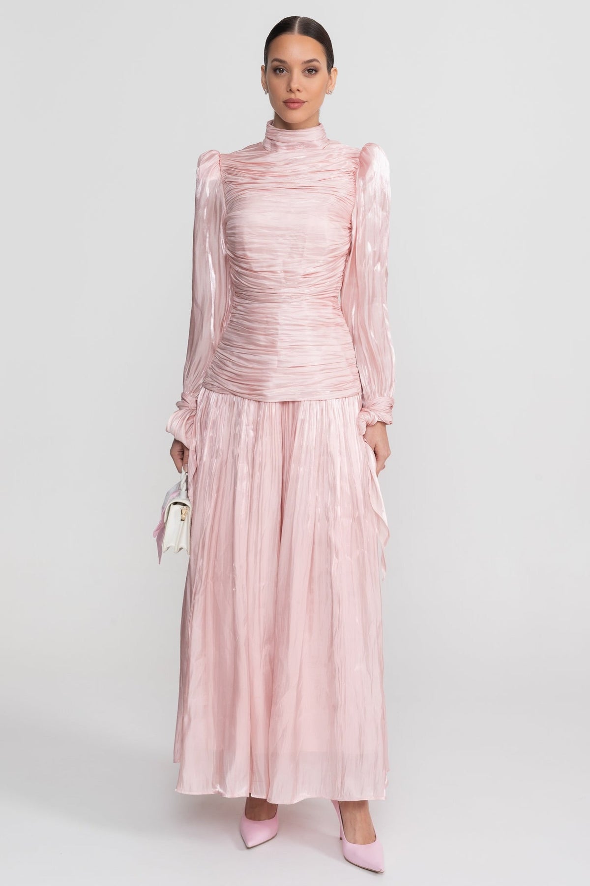 Ruched Long Sleeve Maxi Dress With Pleated Skirt - Blush Pink