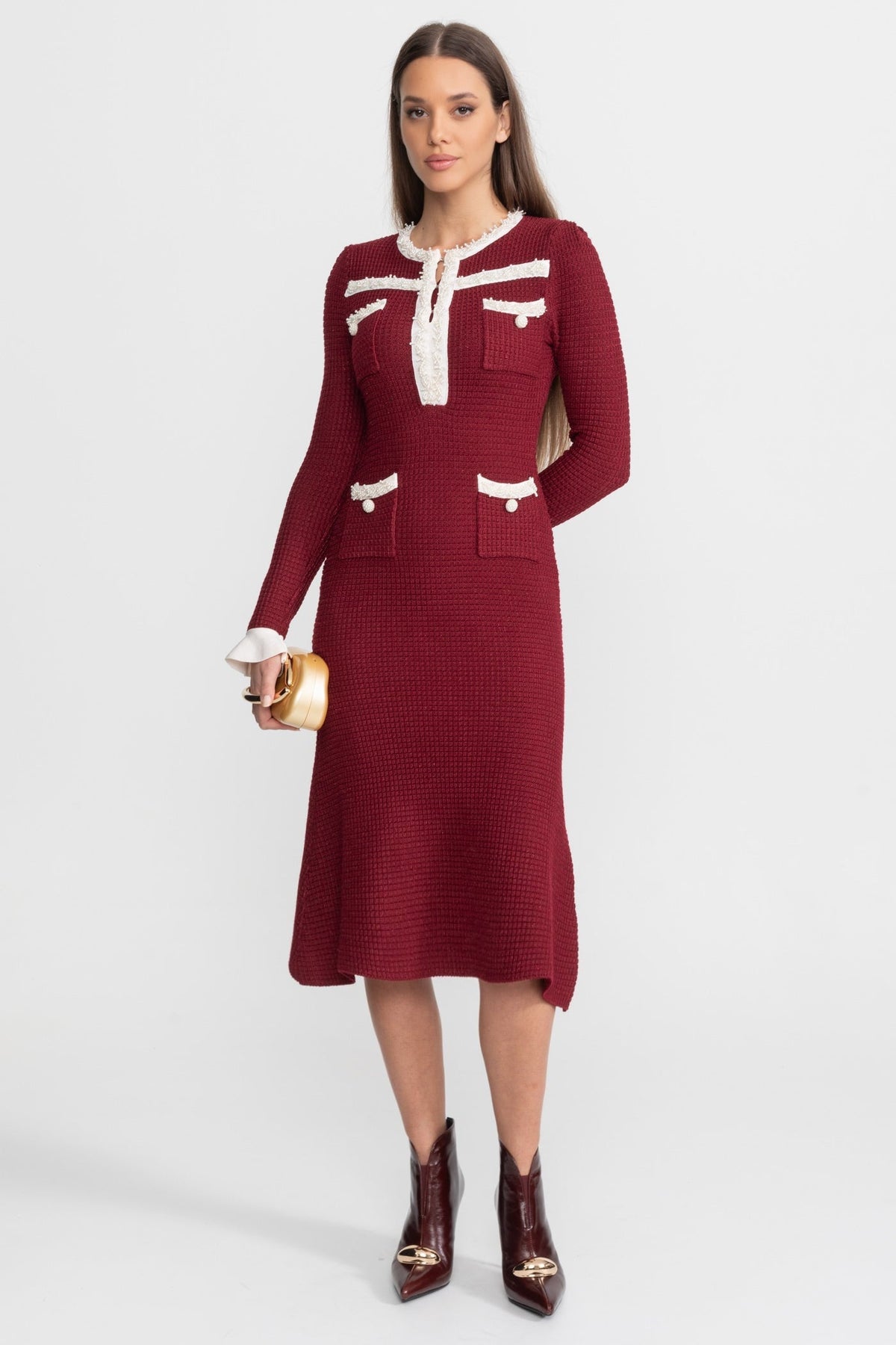 Textured Midi Dress with Contrast Embroidered Trim – Burgundy