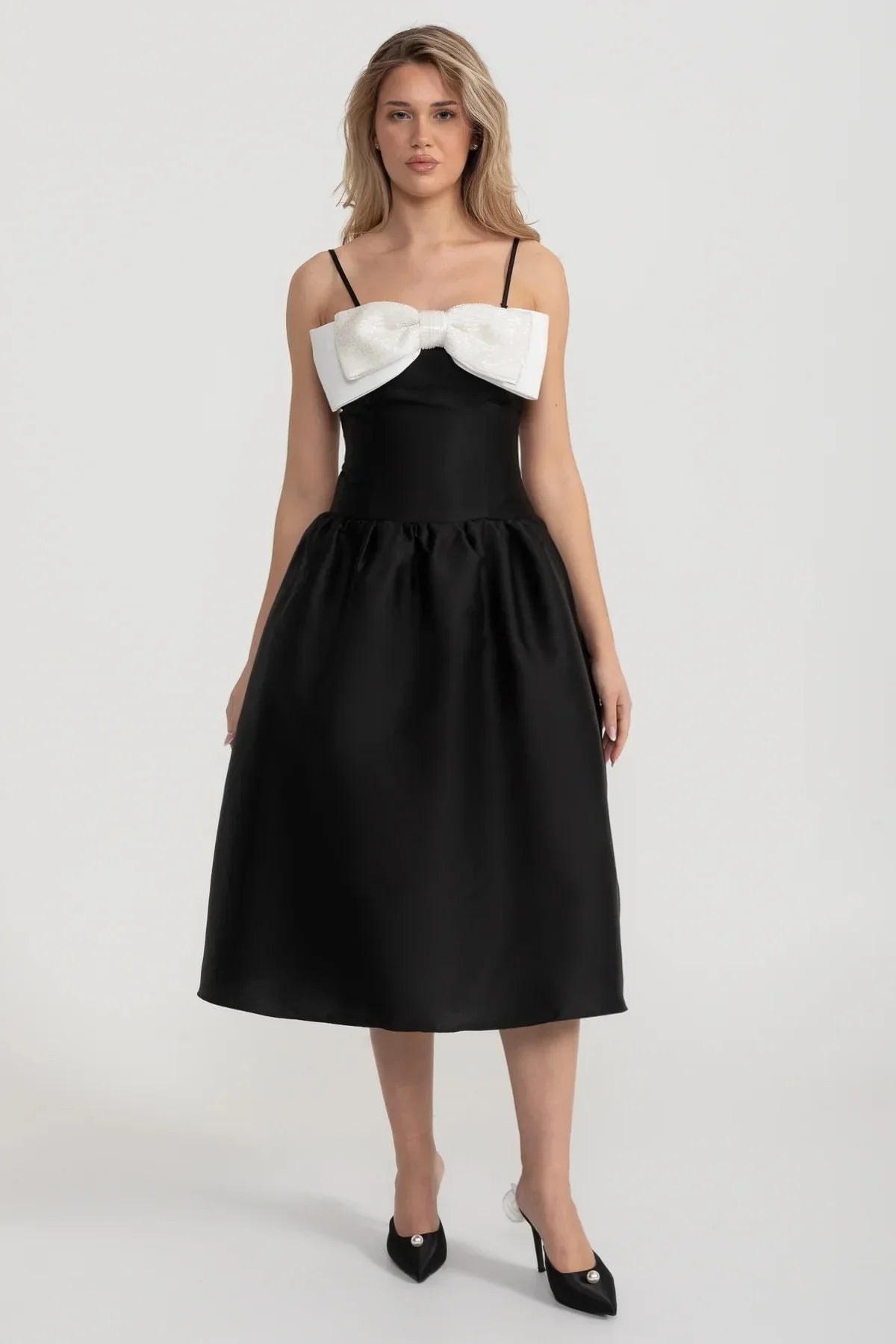 Fitted Sleeveless Mini Dress With Prominent Large White Bow - Black