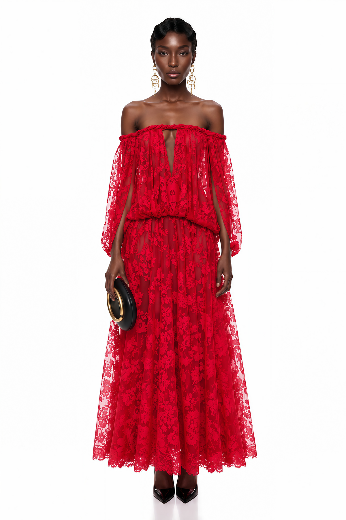 Fabienne Red Floral Appliqué Maxi Dress (Final Sale-US Only)