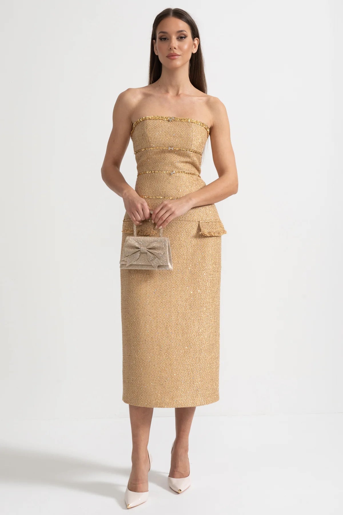 Strapless Textured Dress With Sequin Decorative Trim And Sparkling Ribbon Appliques - Gold