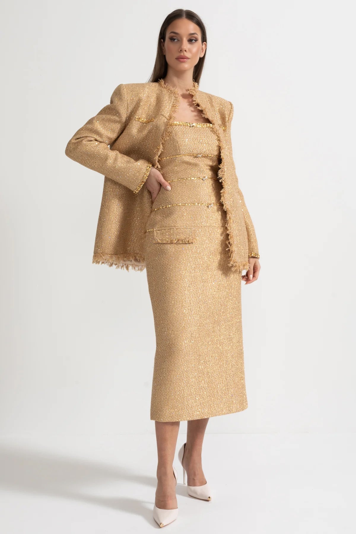 OLIVIA extured Tweed Overcoat With Intricate Sequin Embellishments And Fringe Trim Accents - Gold