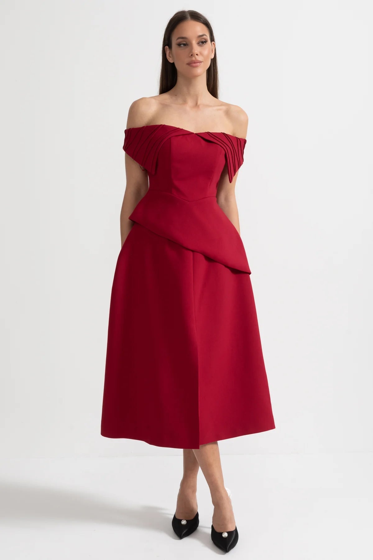 Off-Shoulder Set With Pleated Detail Top And Midi Skirt With Front Slit Accent - Red