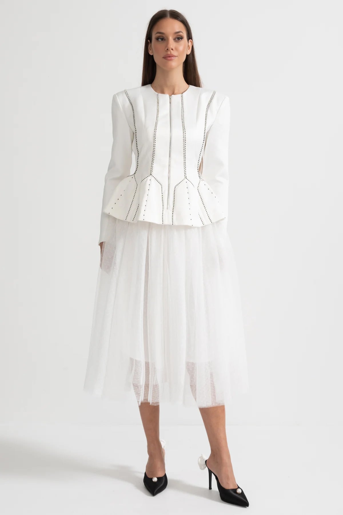 Peplum Jacket and Sheer Tulle Skirt Co-Ord Set with Structured Seams - White
