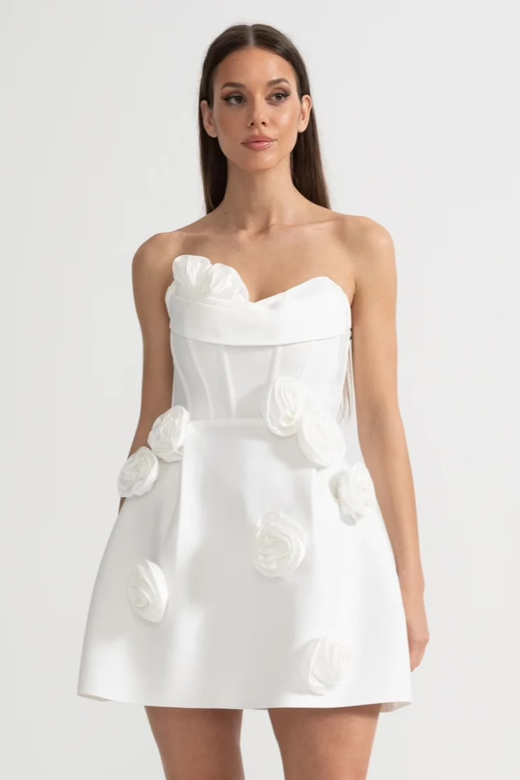 Strapless Mini Dress with Sculptural Floral Appliqués - White